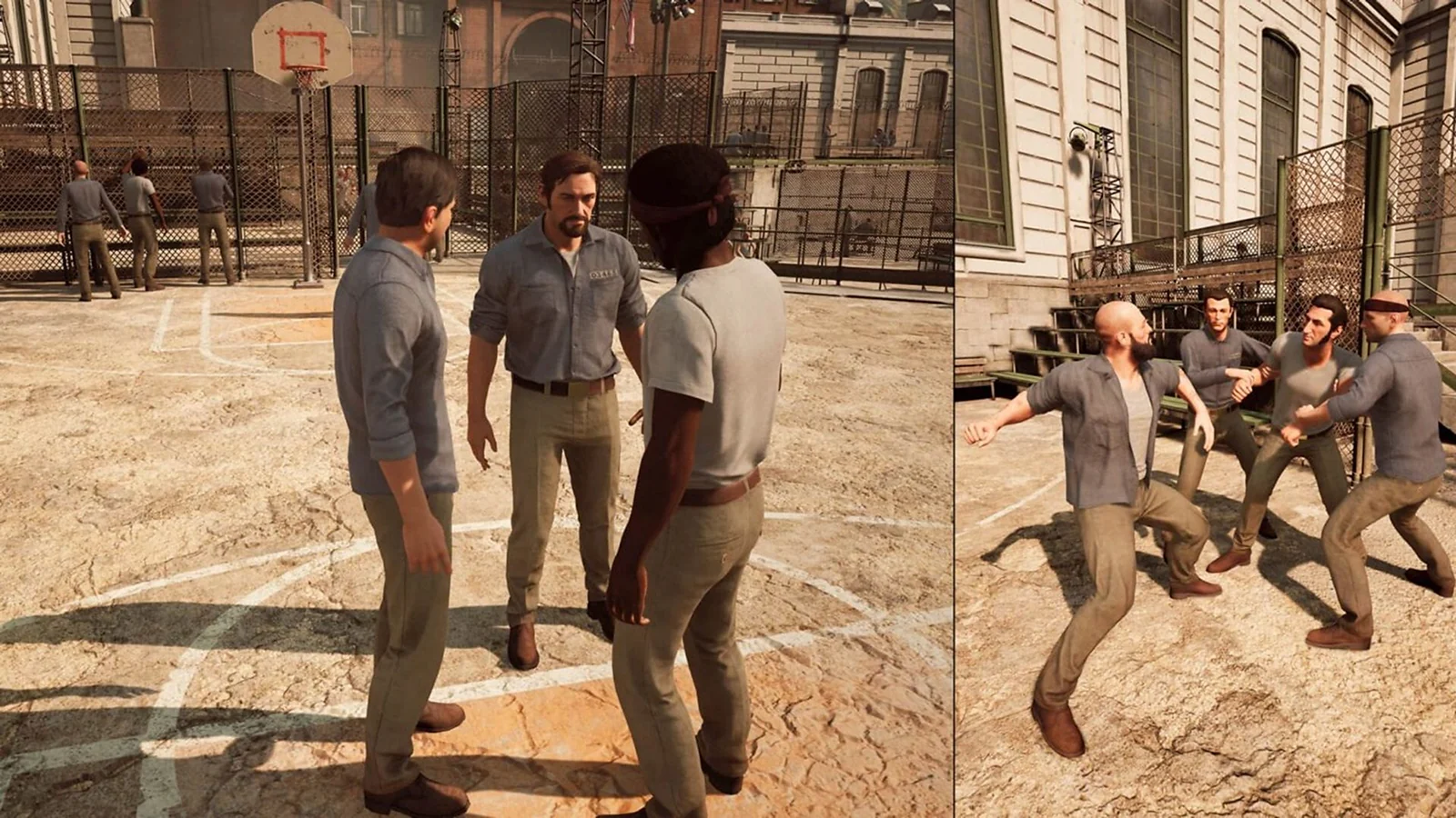A Way Out split-screen gameplay showing two men escaping through an urban area