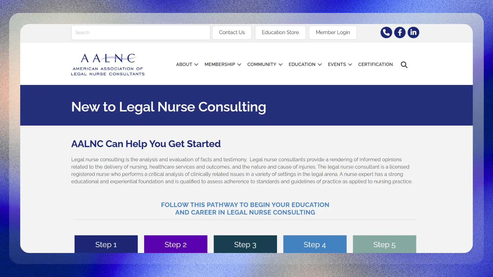 aalnc website showing a pathway to begin a career in legal nurse consulting