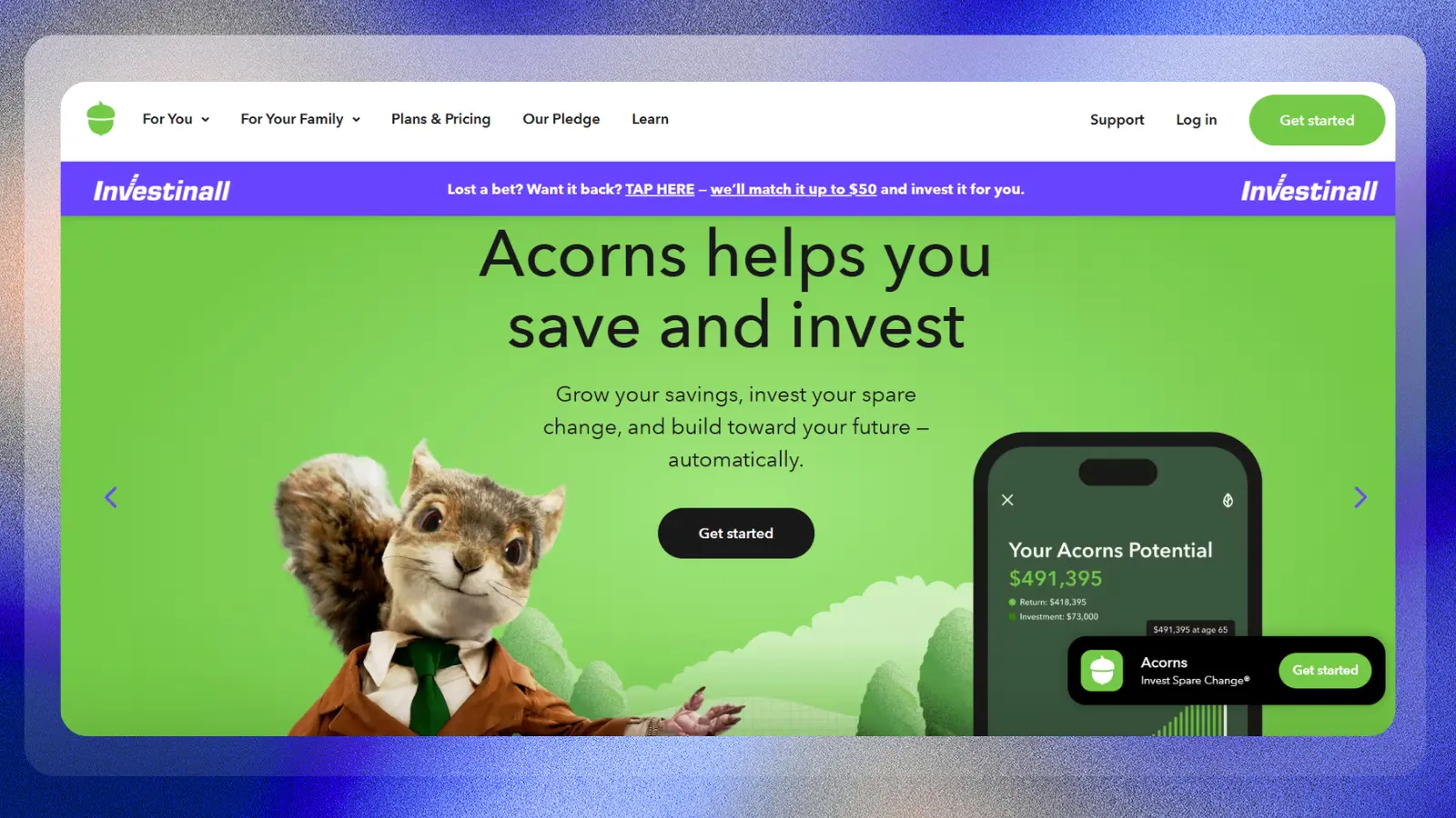 acorns website showing savings and investing tools