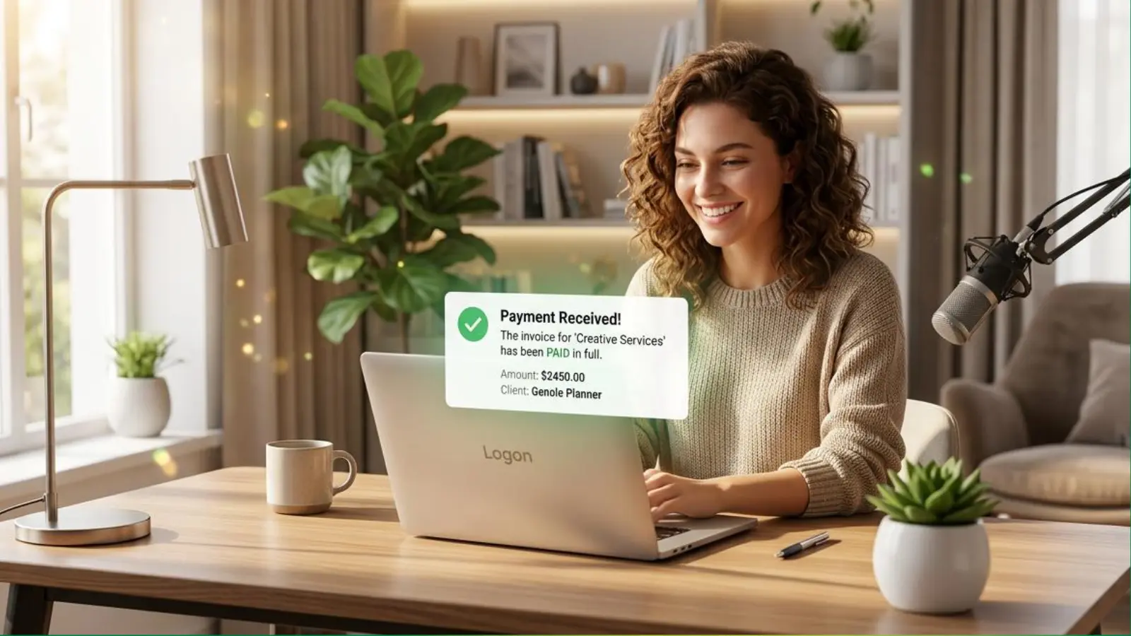 freelancer reviewing a paid invoice at a laptop, an example of active income