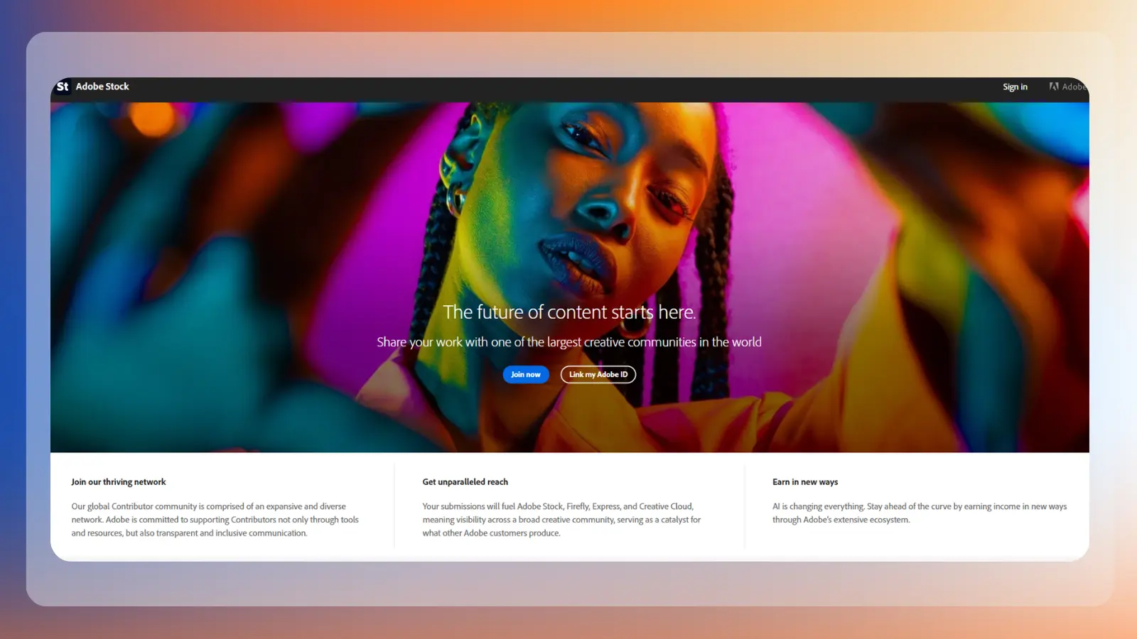 Página de inicio del sitio web de Adobe Stock