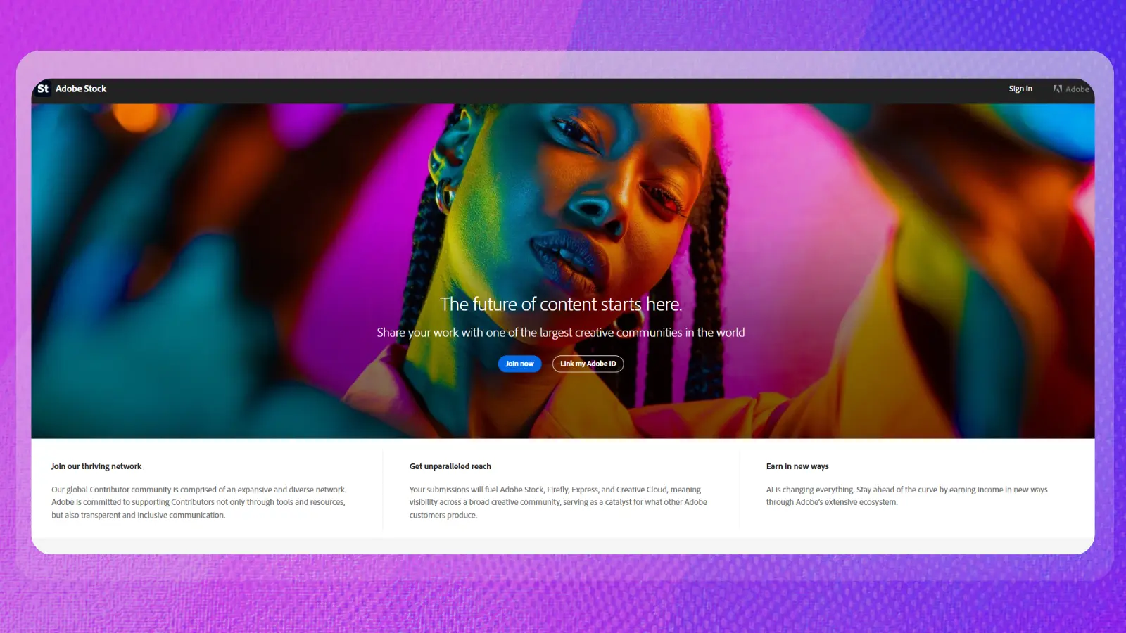 adobe stock website showing opportunities for creative contributors to earn income
