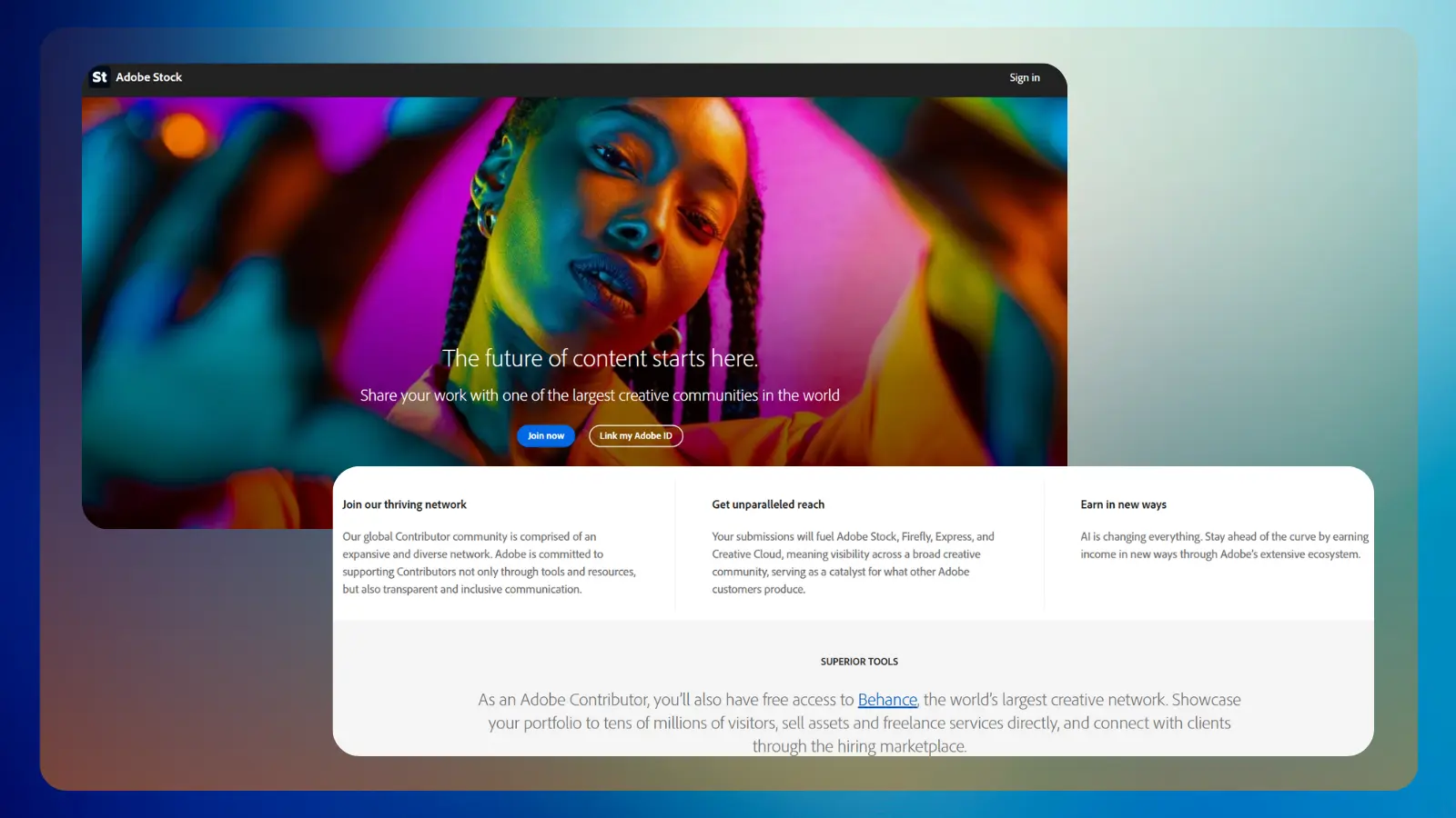 Página web de Adobe Stock que muestra cómo los creadores pueden ganar dinero aportando fotos, vídeos, diseños y otros contenidos creativos