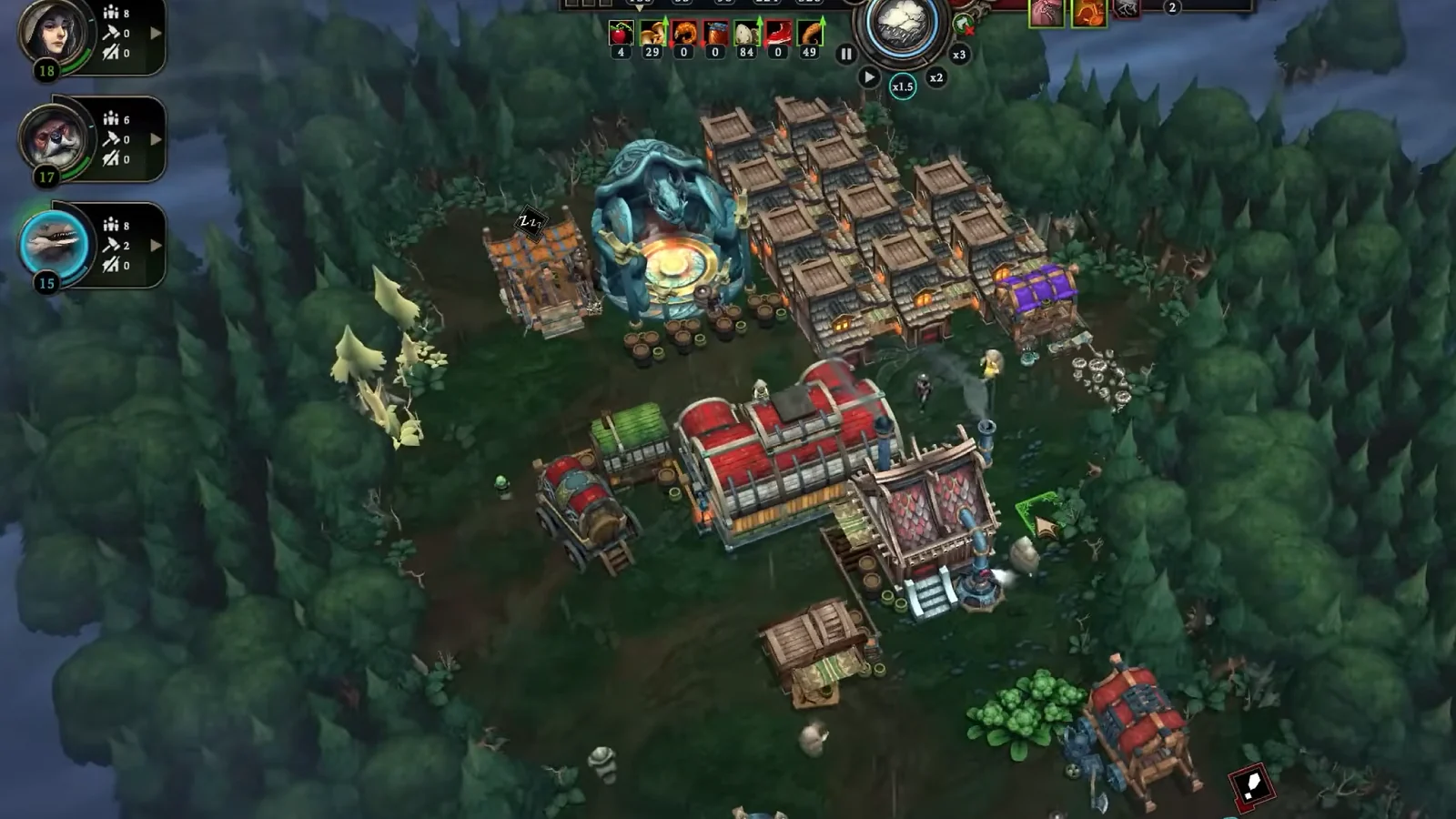Against the Storm gameplay showing a forest settlement with houses, workshops, and a central hearth.