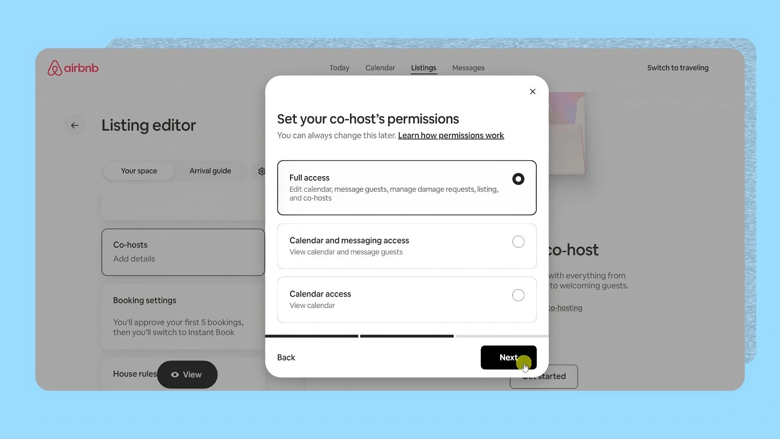 Airbnb cho-hosting page showing your listing settings/permissions