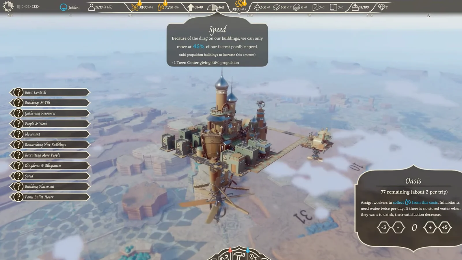 Airborne Kingdom gameplay showing a floating city above the clouds with tutorial and resource management panels.