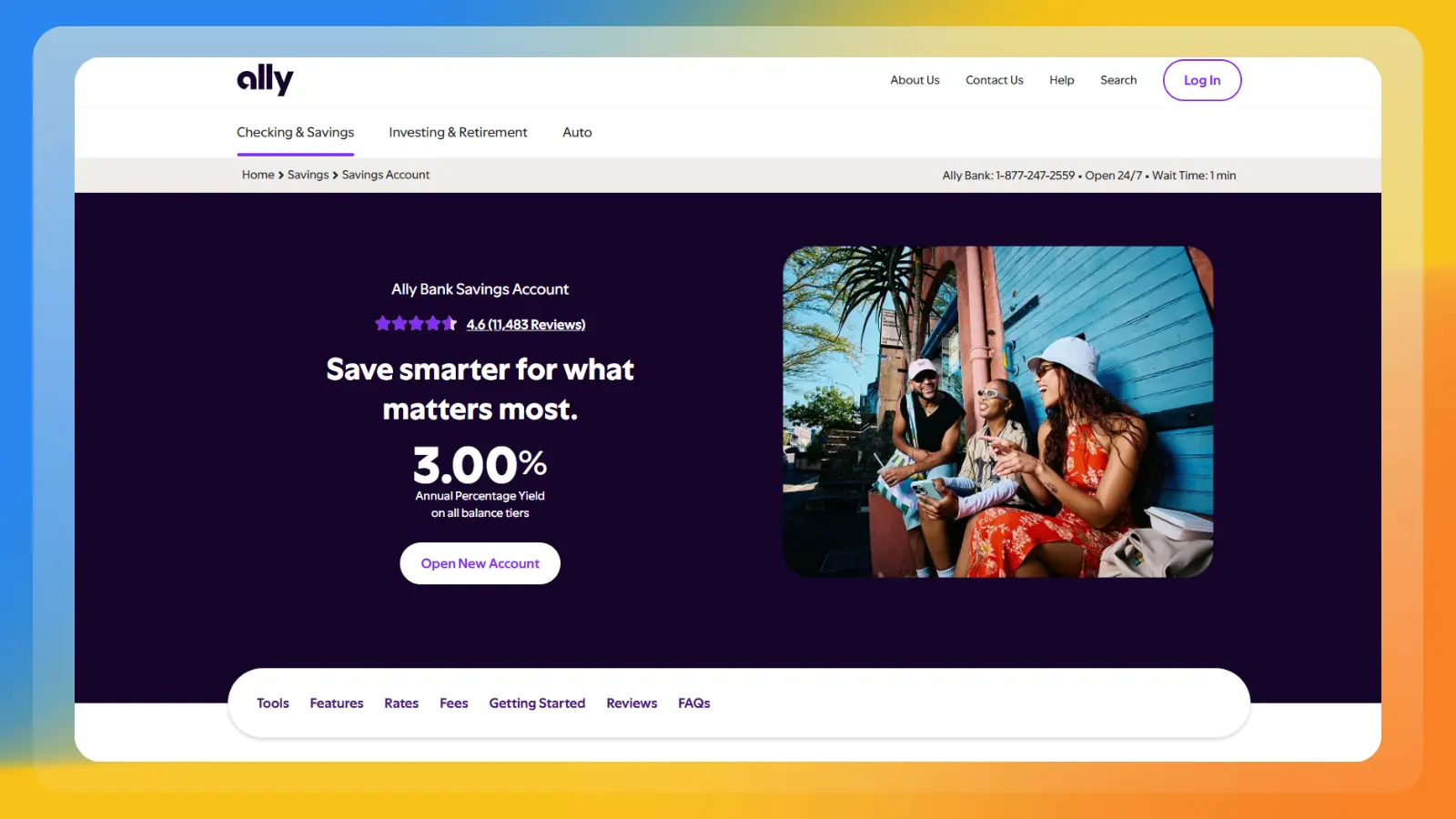 Página web de Ally Bank en la que se muestra una cuenta de ahorro con una rentabilidad porcentual anual