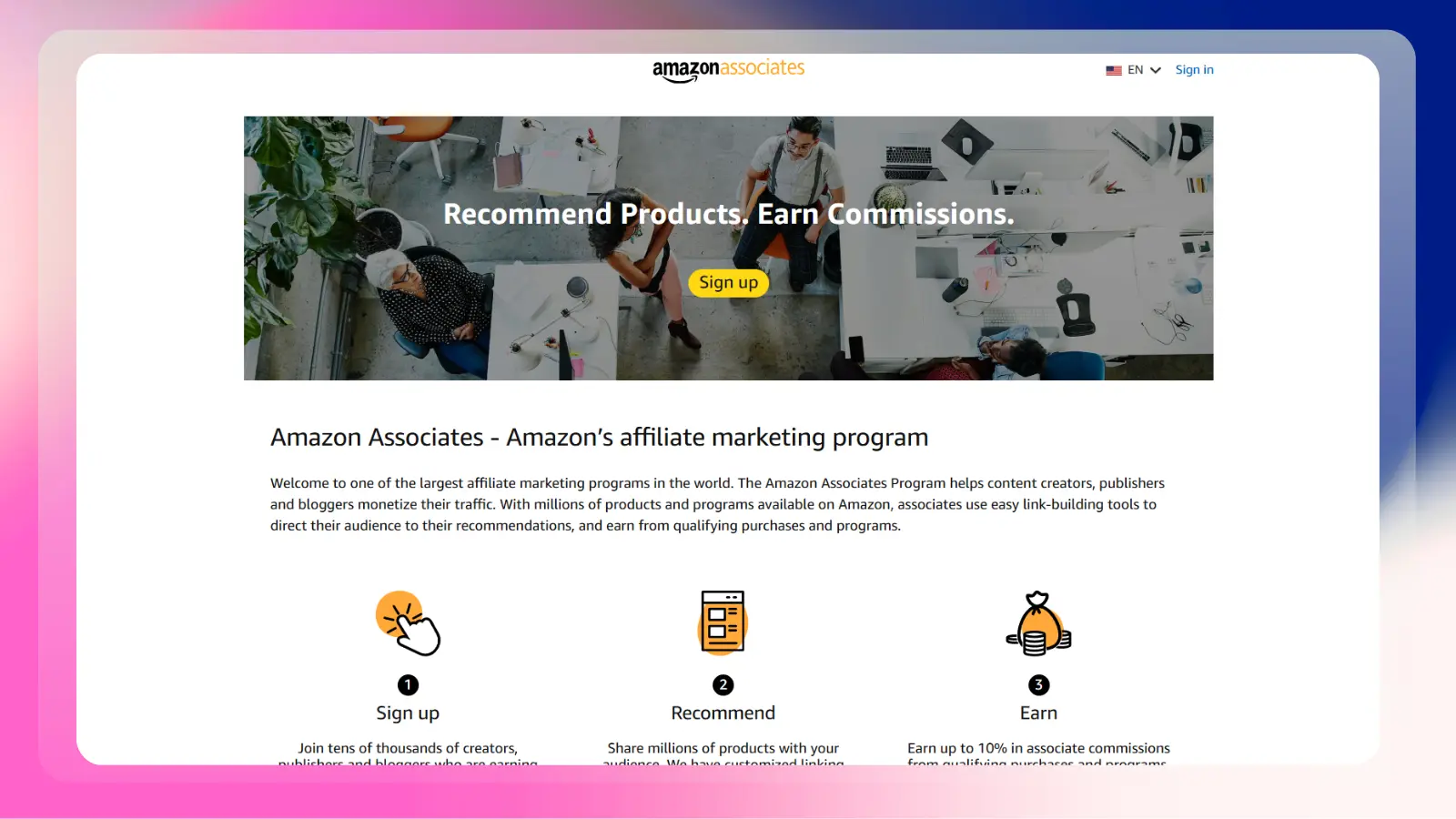 amazon associates website showing an affiliate program for recommending products and earning commissions