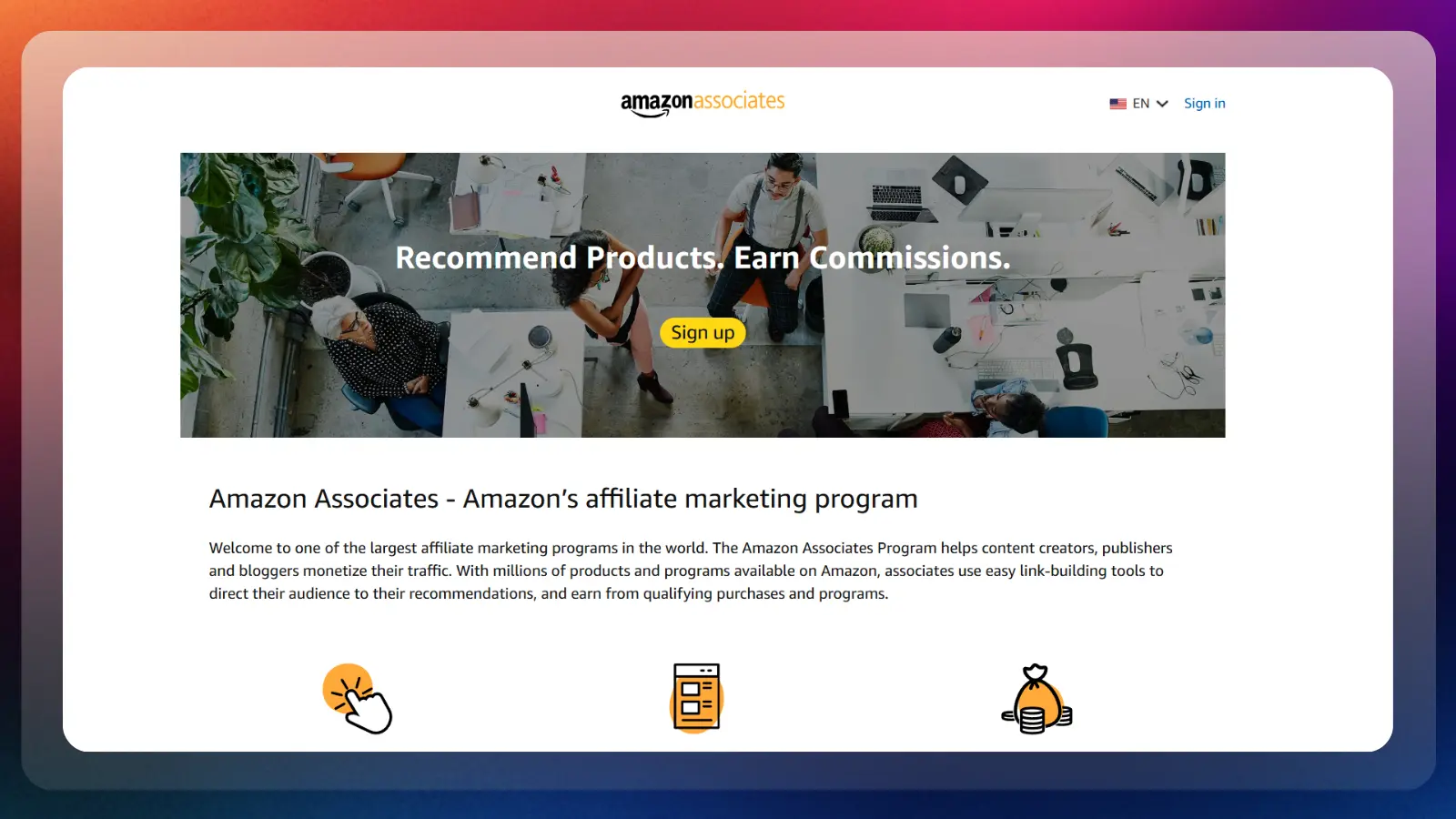 Página web de Amazon Associates que muestra el marketing de afiliación y cómo obtener comisiones