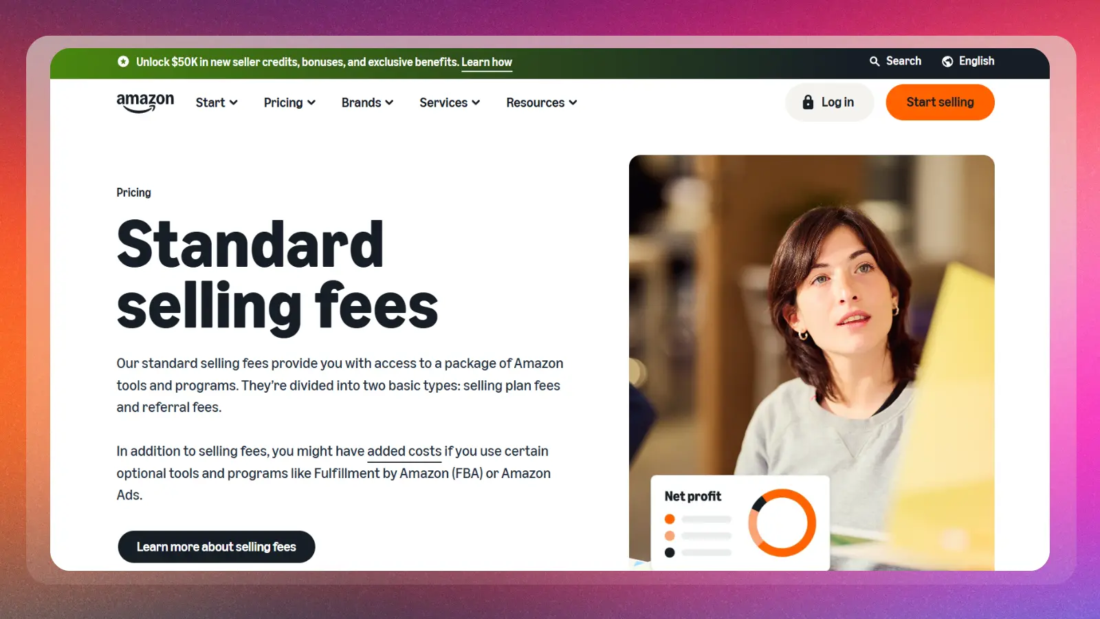 Página web de Amazon en la que se muestran las comisiones de venta estándar para los vendedores