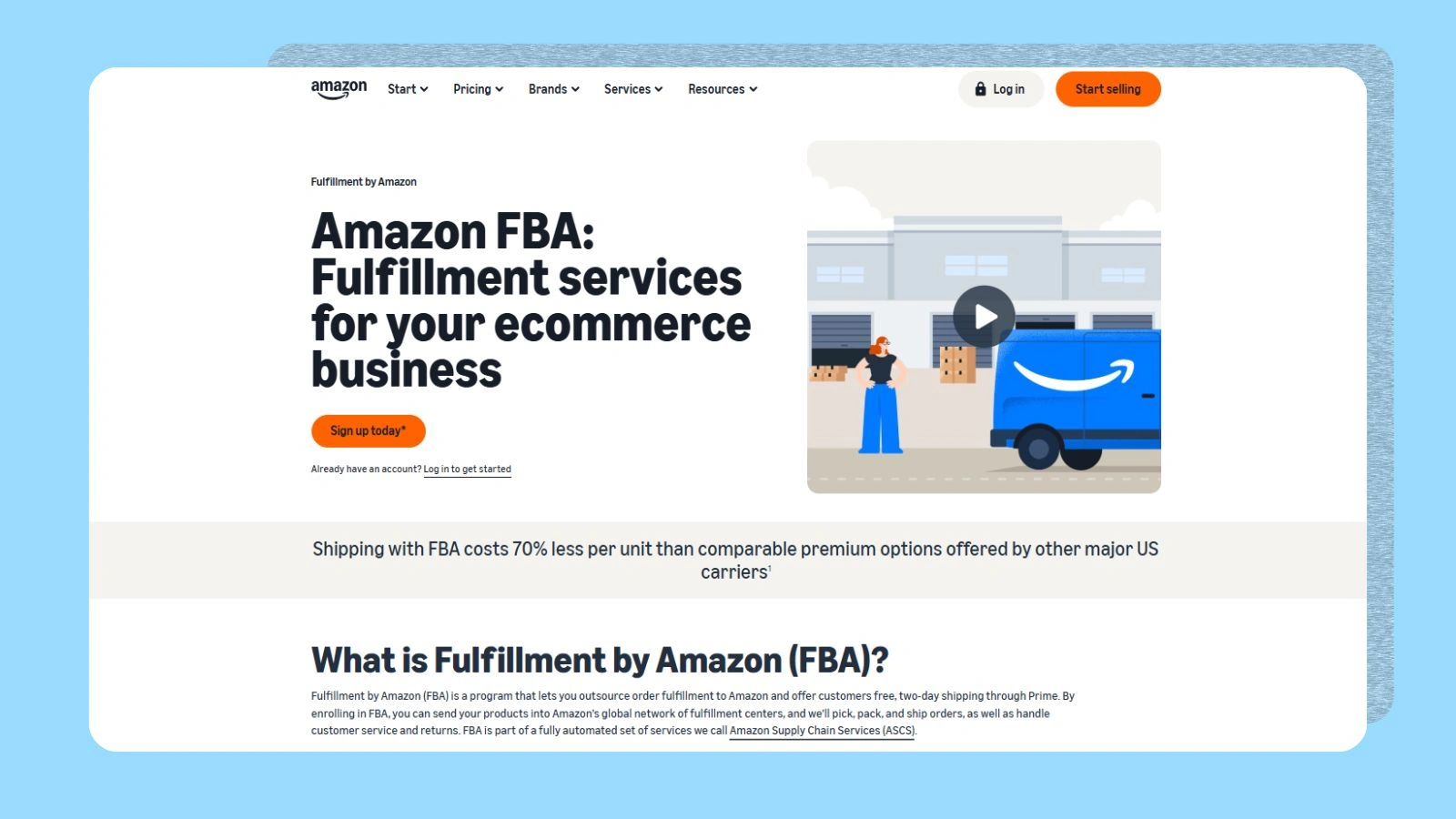 Amazon website showing FBA page and description