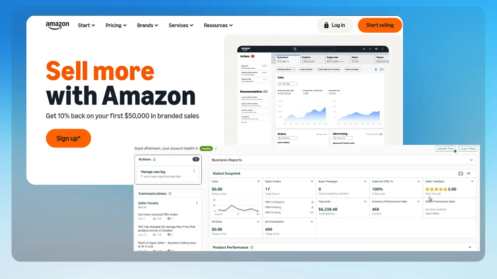 amazon website showing online selling tools sales data and seller account information