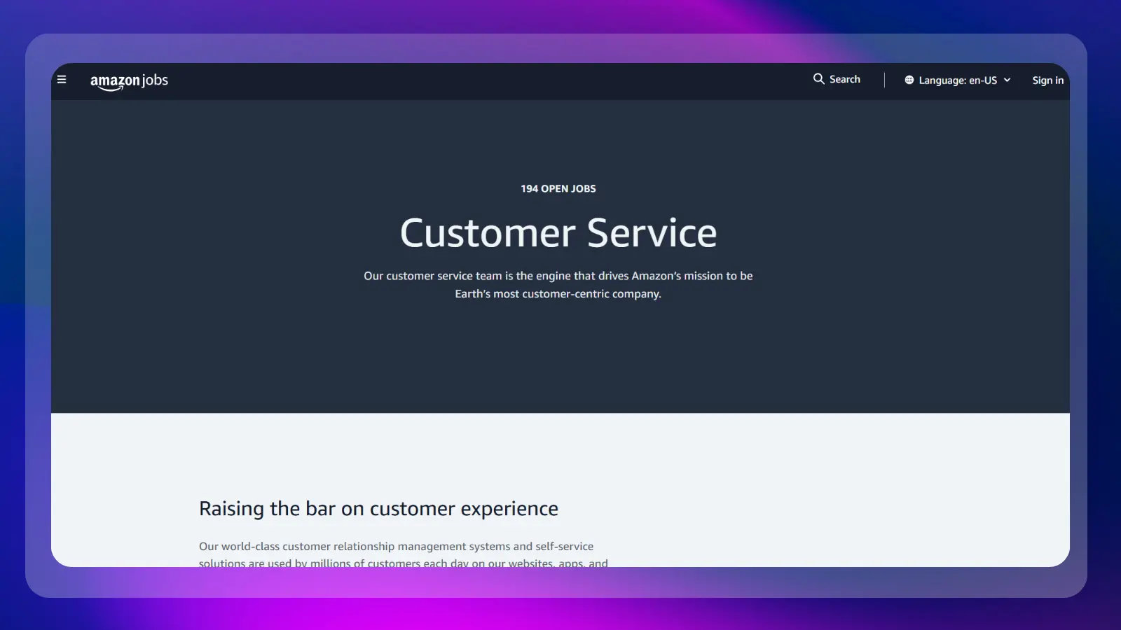 amazon jobs website showing customer service job opportunities