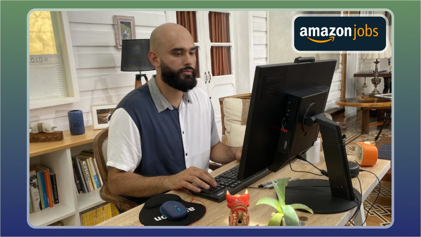 remote worker wearing a headset at a home desk doing Amazon virtual customer service work