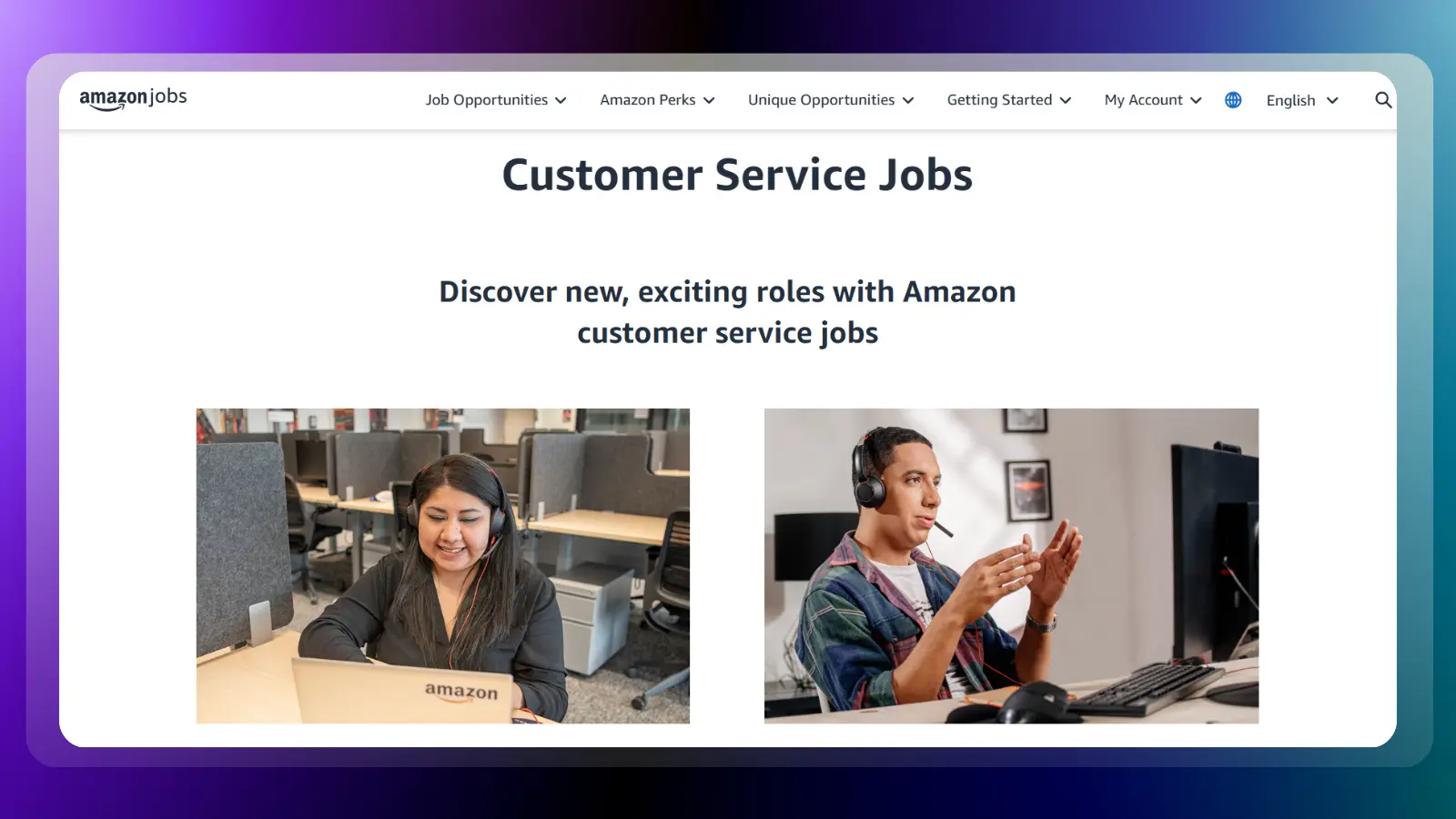 amazon jobs website showing customer service job opportunities