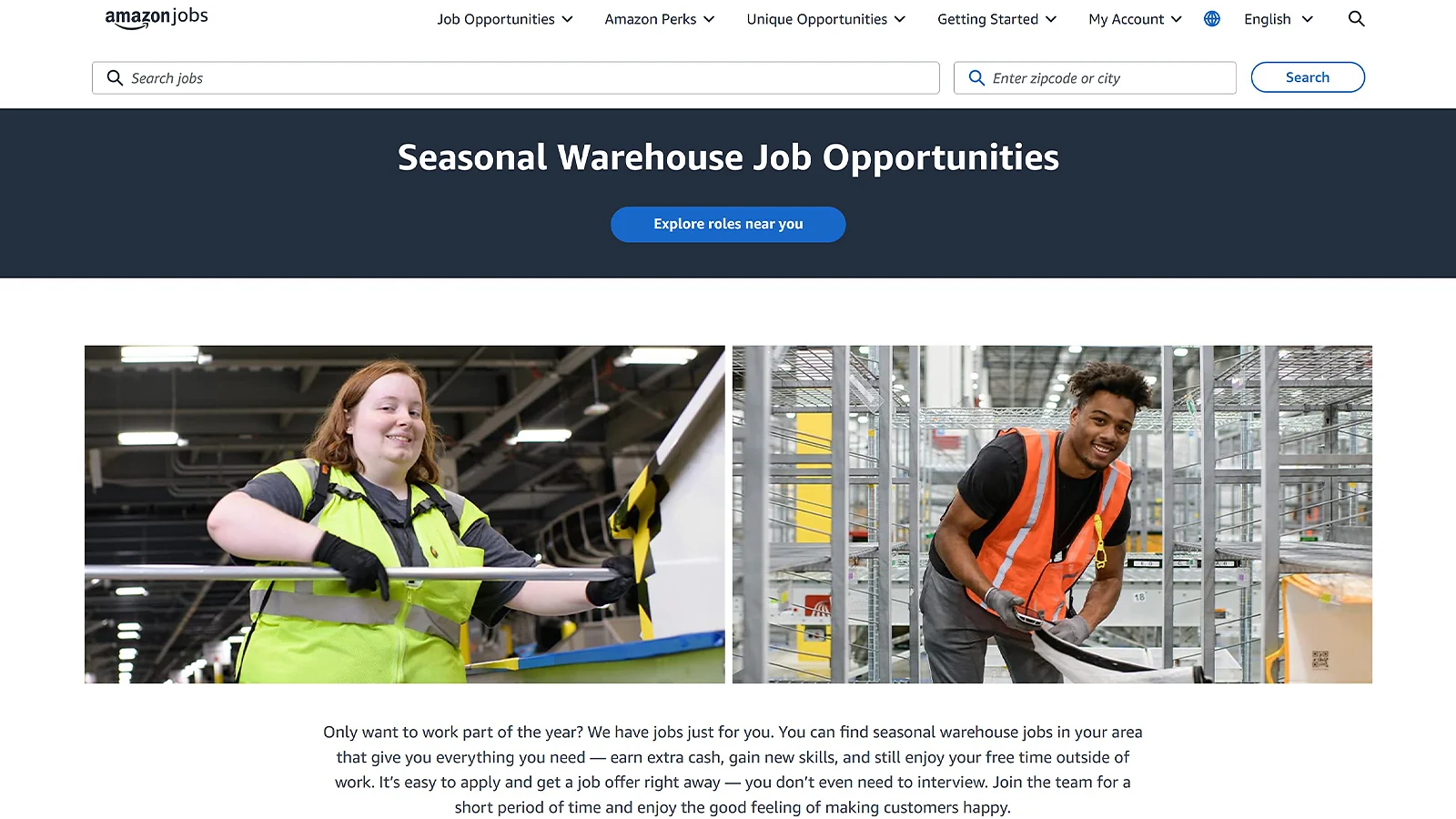 Winter side hustles - Amazon Jobs webpage for Seasonal Warehouse Job Opportunities