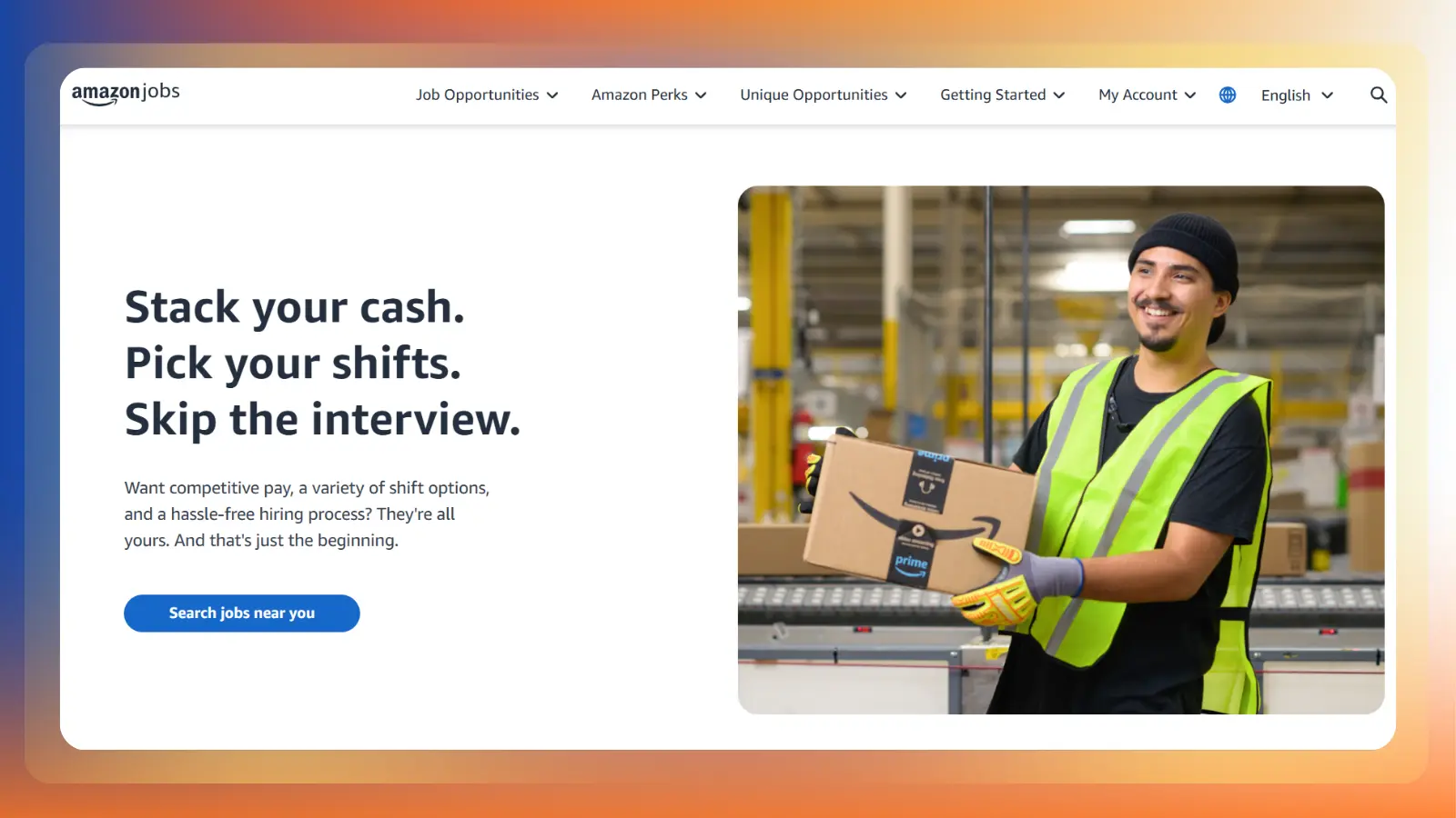 amazon jobs website showing warehouse work and flexible job opportunities