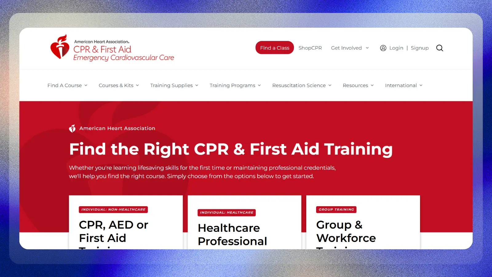 american heart association website showing cpr and first aid training courses