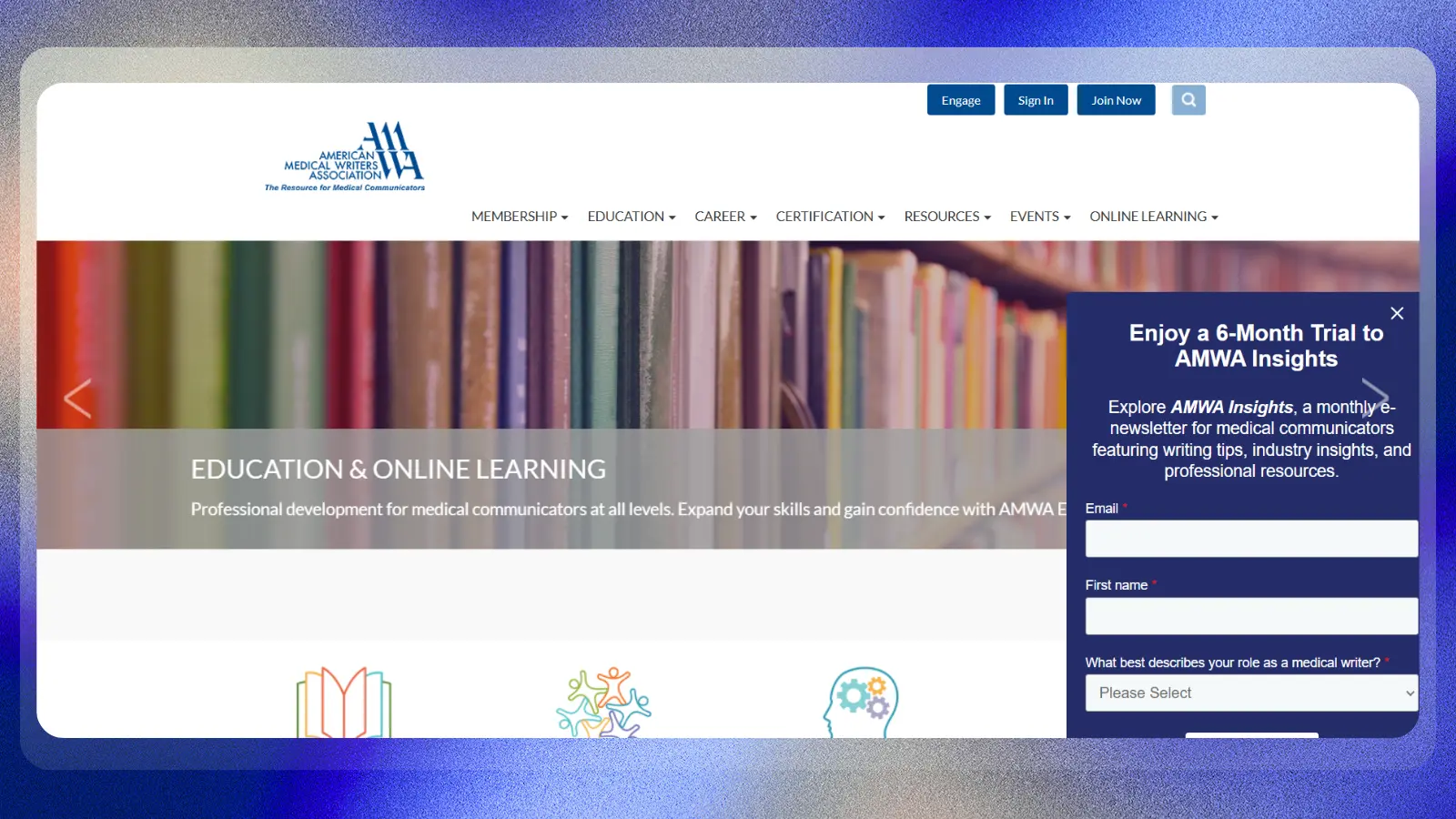 amwa website showing education and online learning resources for medical communicators