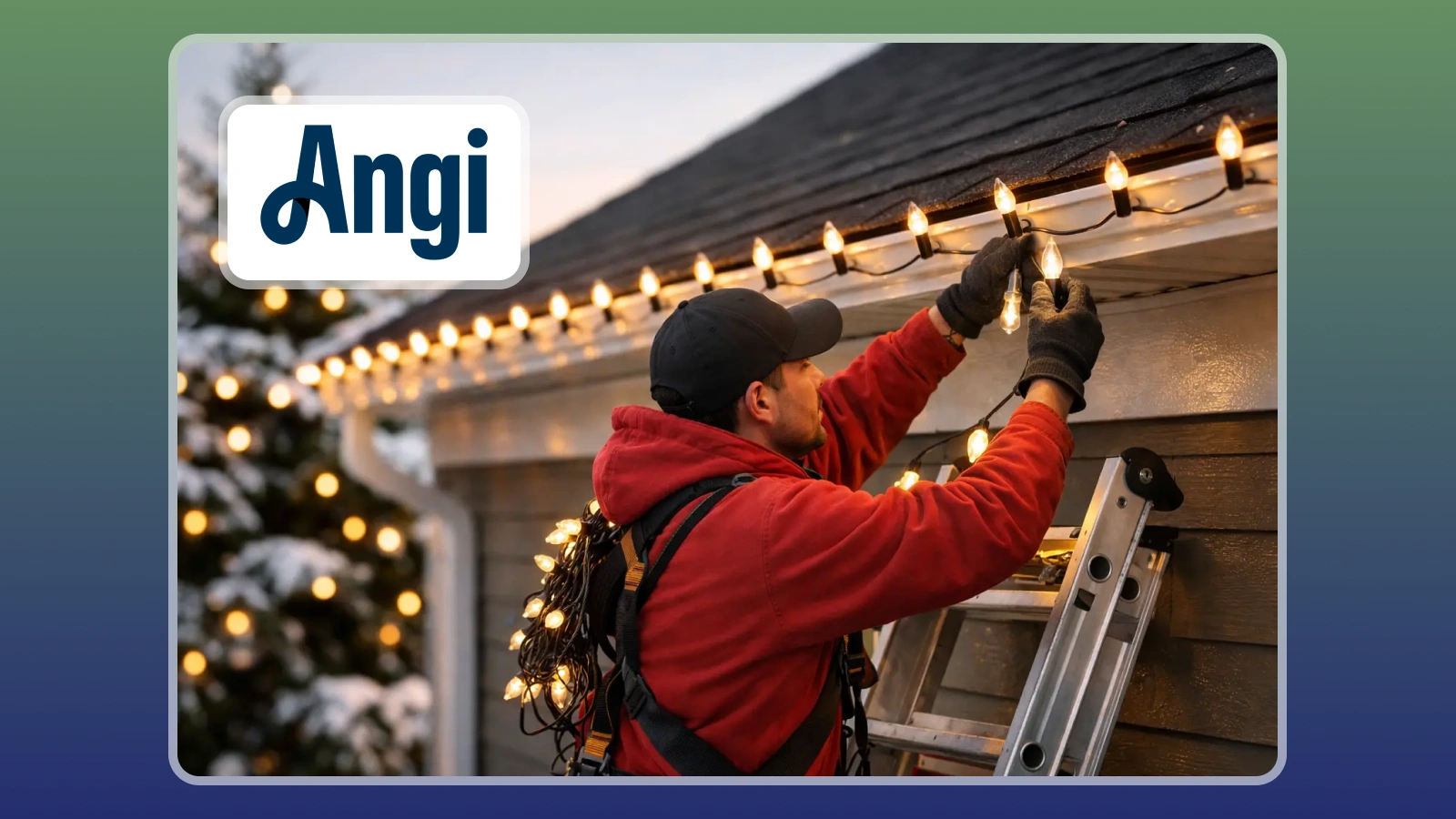 A worker installing string lights along a roofline before the holidays