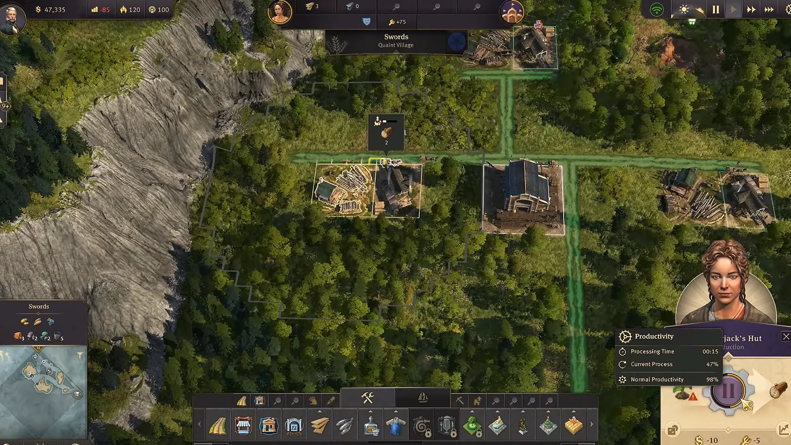 Anno 1800 gameplay showing production buildings and roads in a forested settlement.