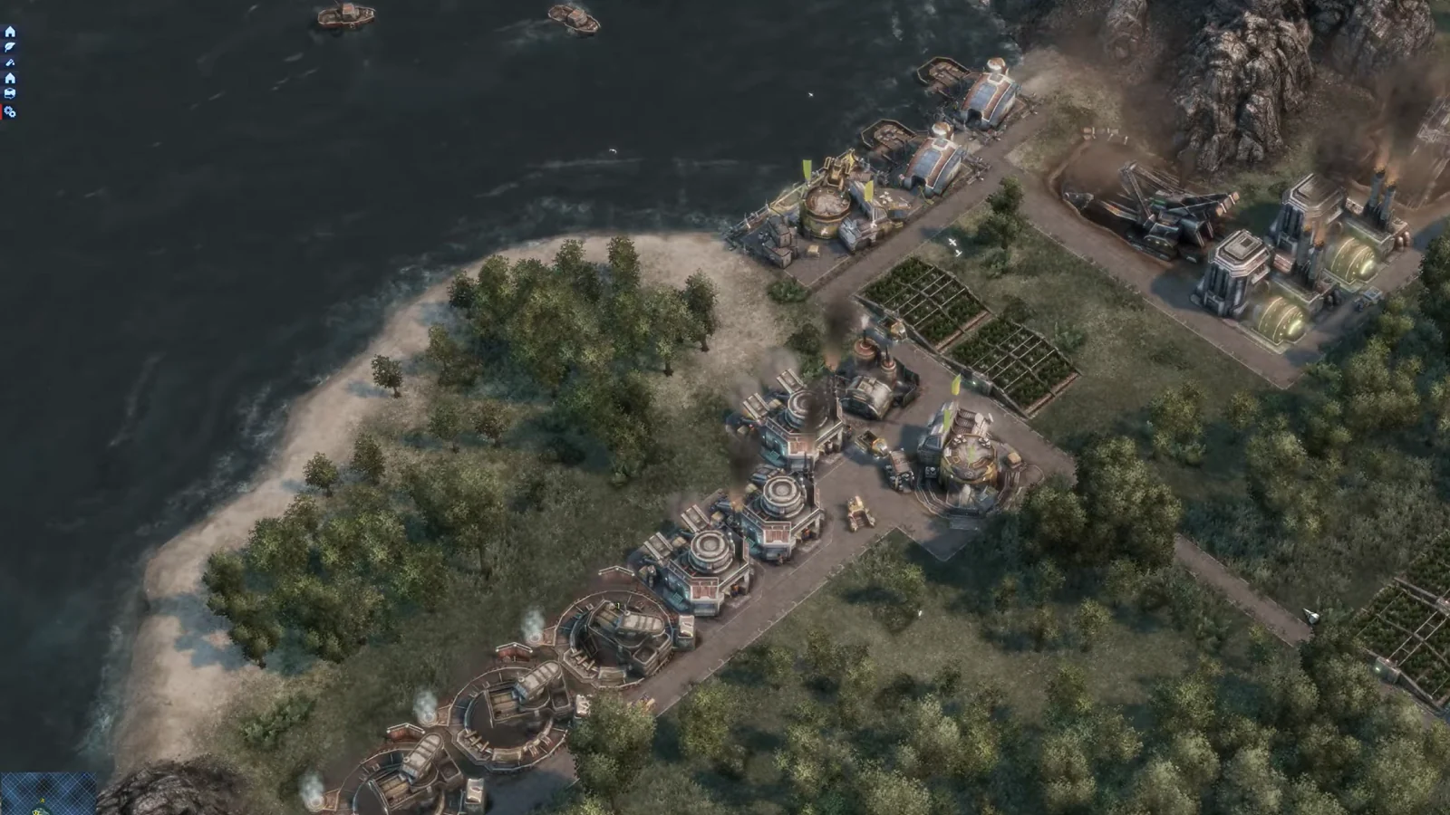 Anno 2070 gameplay showing a futuristic coastal settlement with industrial buildings and farms.