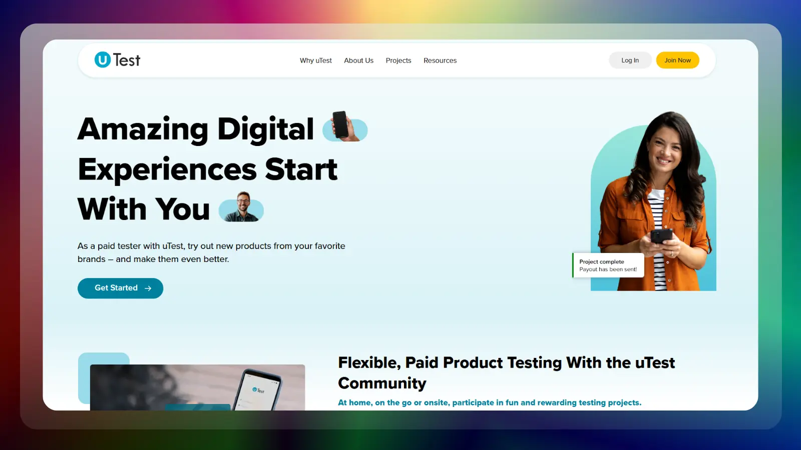 utest website showing paid product testing opportunities and tester registration