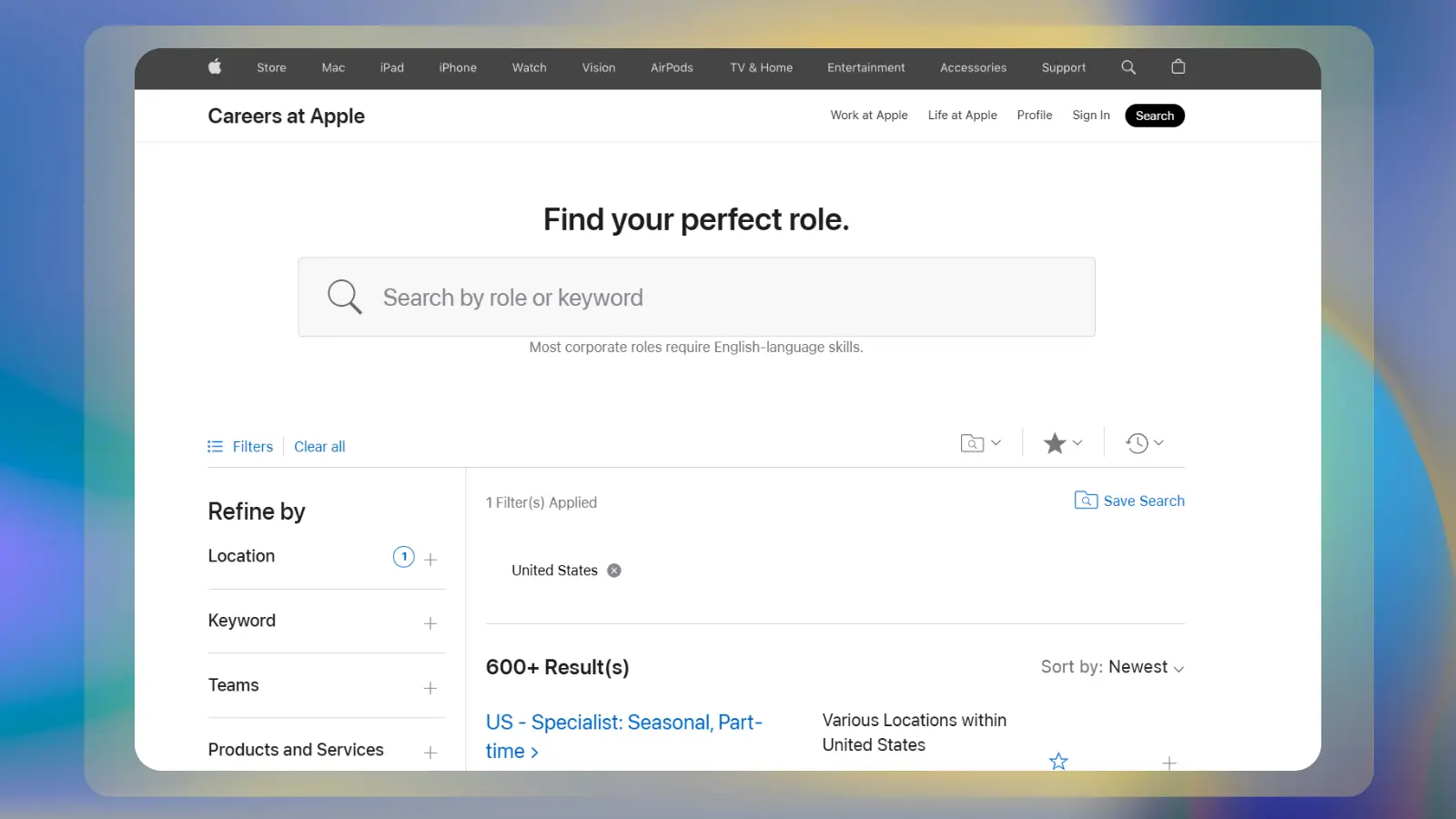 apple website showing job listings and remote work opportunities