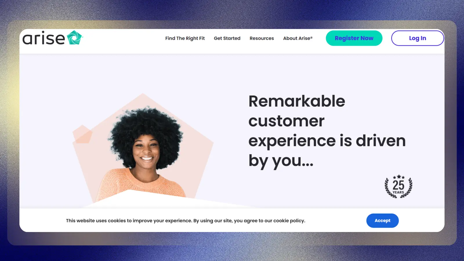 Página web de Arise que muestra oportunidades de trabajo a distancia en el ámbito de la atención al cliente