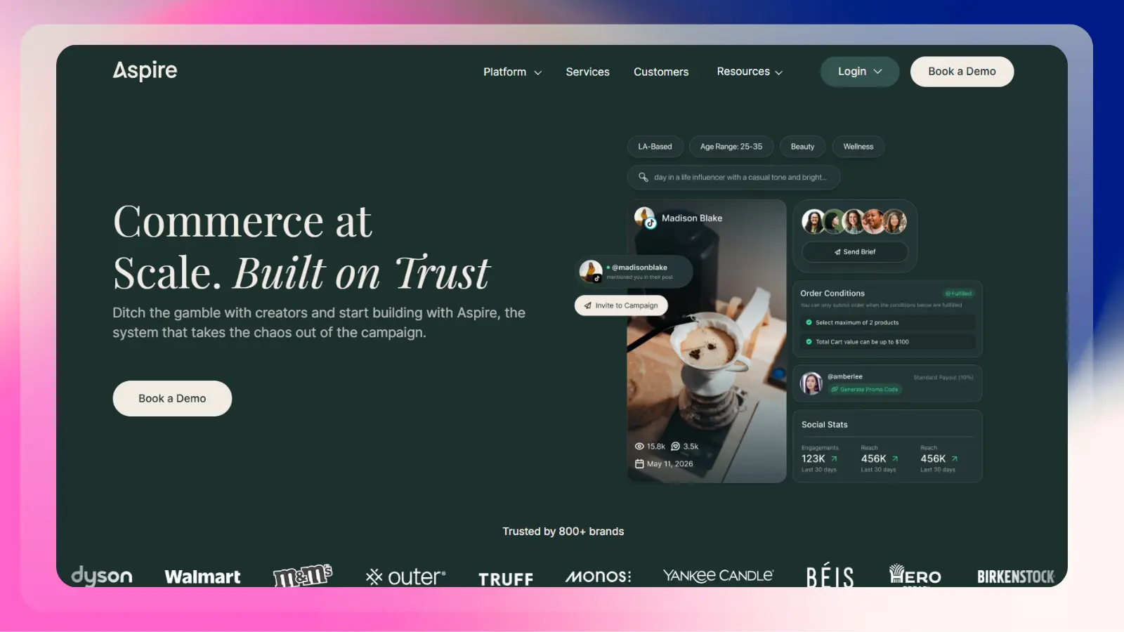 aspire website showing a creator marketing platform with brand campaigns and social media stats