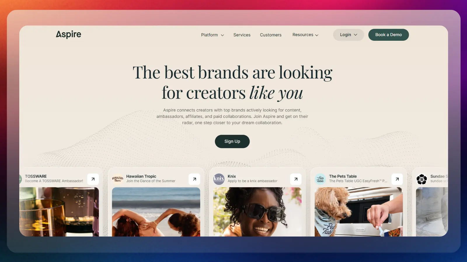 Página web de Aspire en la que se muestran colaboraciones entre creadores y marcas, así como oportunidades remuneradas