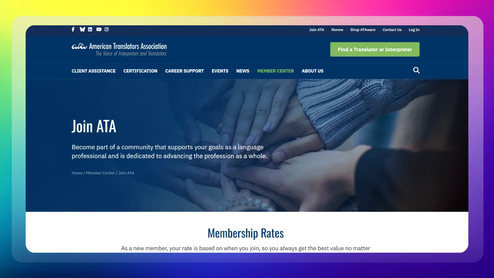 ata website showing membership information and support for translators and interpreters
