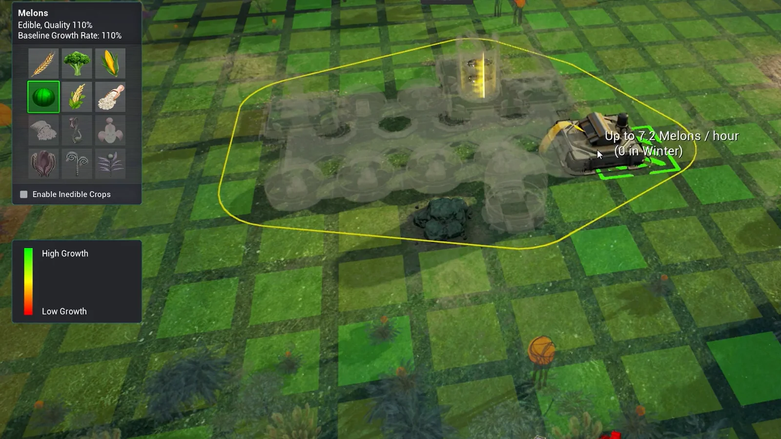 Aven Colony gameplay showing a farm being placed on a grid with melon crop settings.