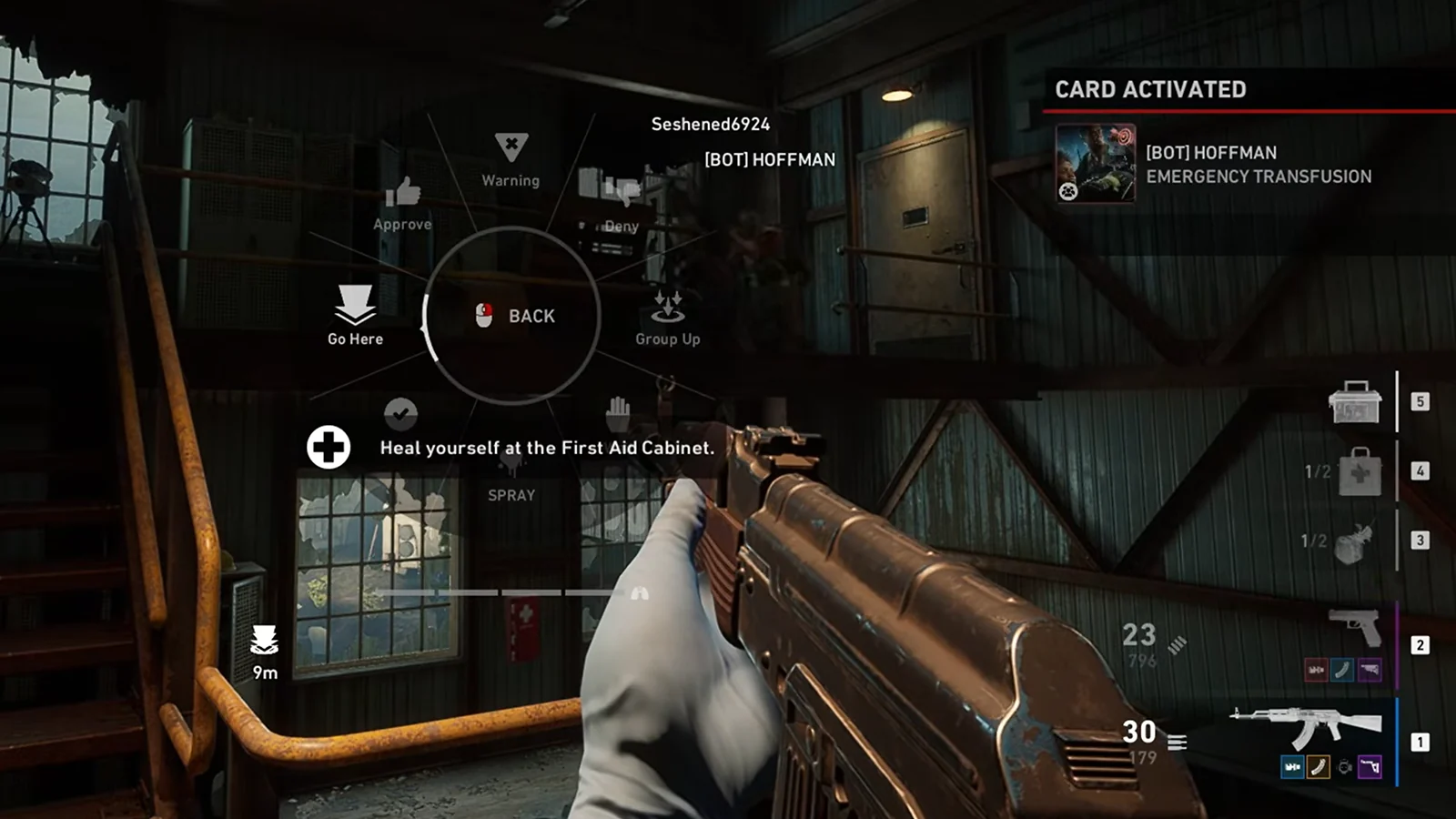 Back 4 Blood gameplay showing a first-person combat scene inside a dark building.