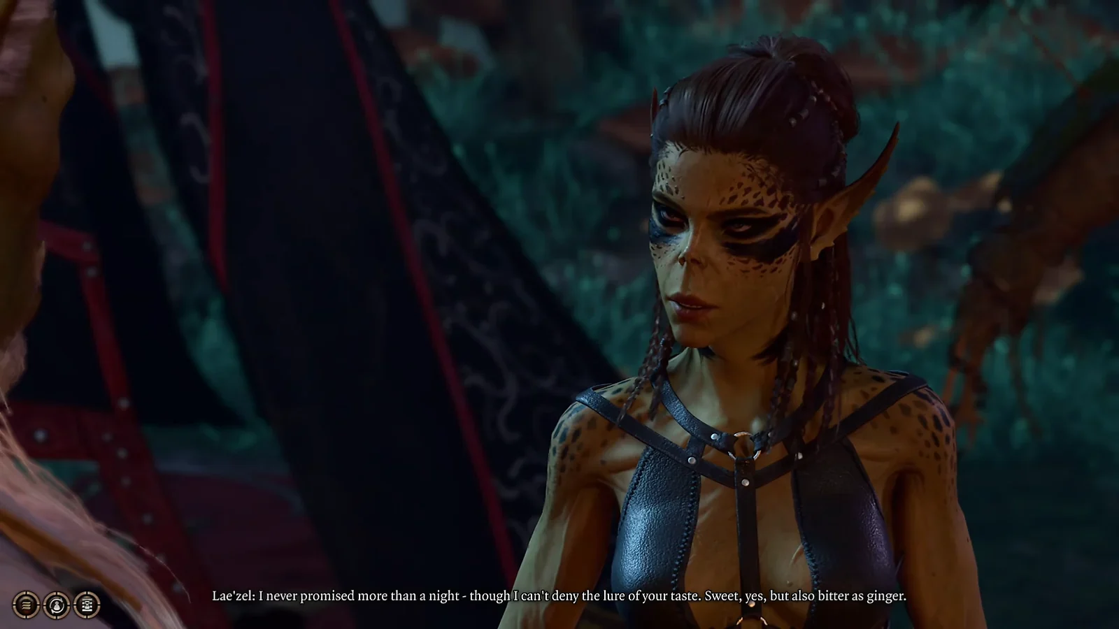 Baldur’s Gate 3 dialogue scene featuring a female character in a dark fantasy environment.
