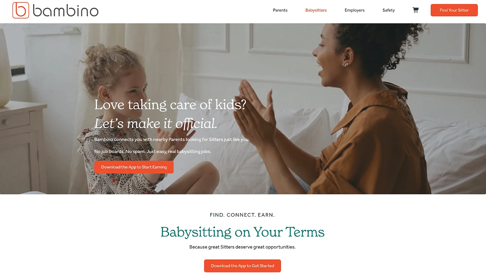 Bambino website landing page for finding local babysitting jobs