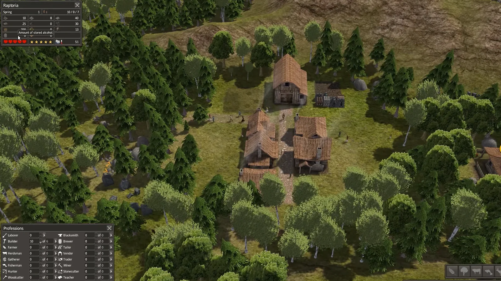 Banished gameplay showing a small medieval settlement surrounded by a dense forest.