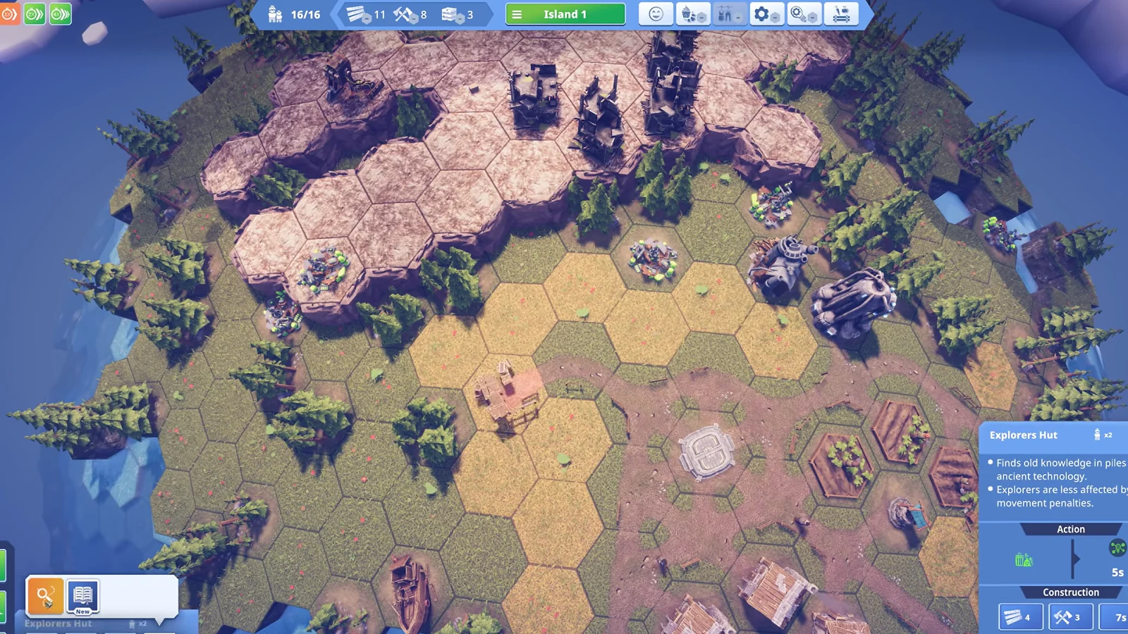 Before We Leave gameplay showing a hexagonal island map with buildings, forests, and rocky terrain.