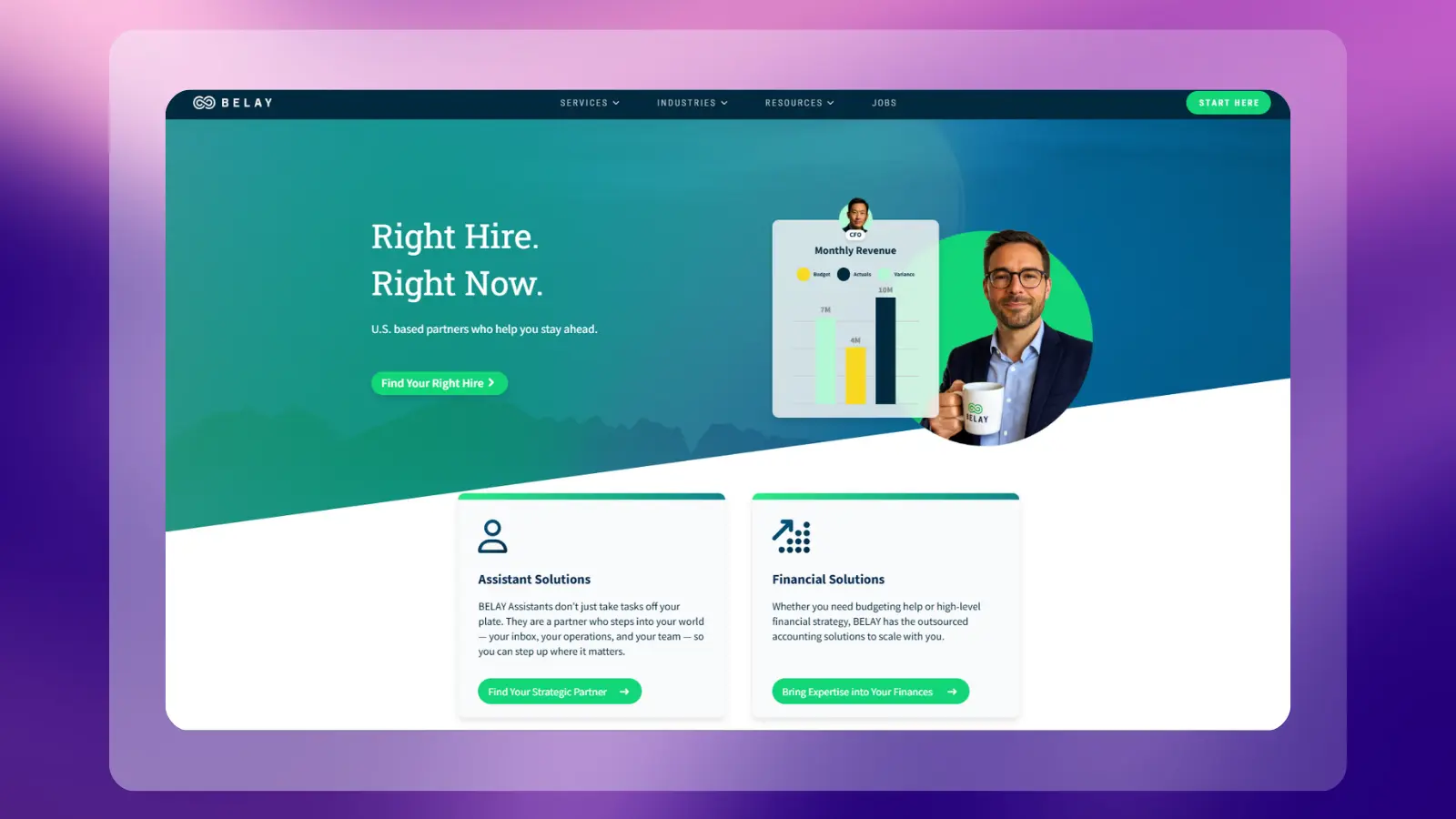 belay website showing its platform for finding remote professional opportunities in virtual assistance and financial services