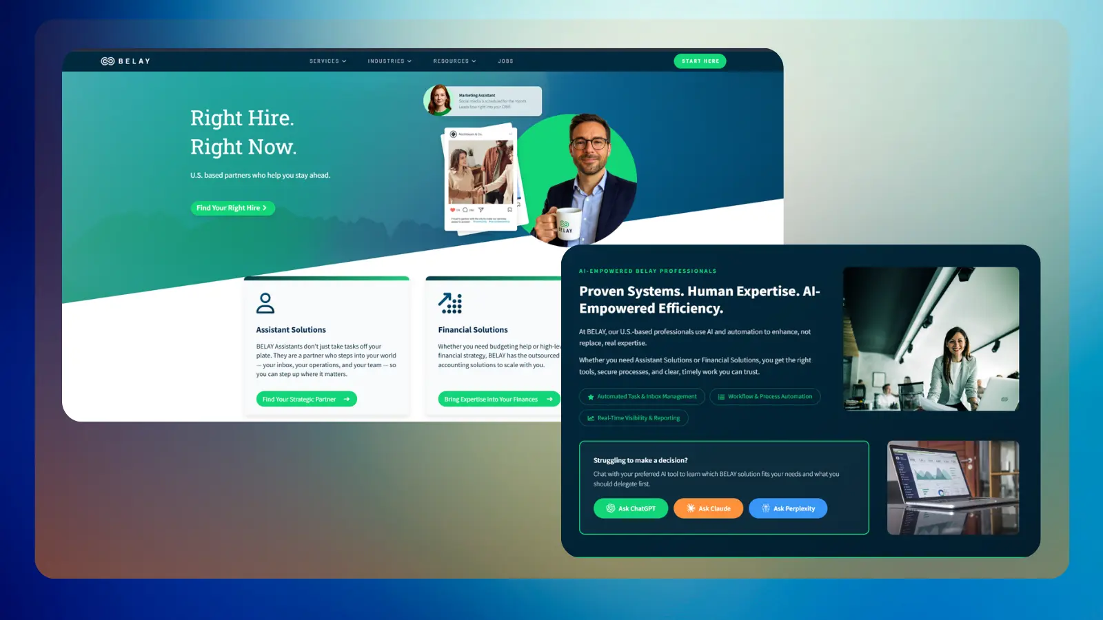 Página web de Belay que ofrece servicios de asistente virtual y de apoyo financiero, con oportunidades para colaborar con empresas de forma remota