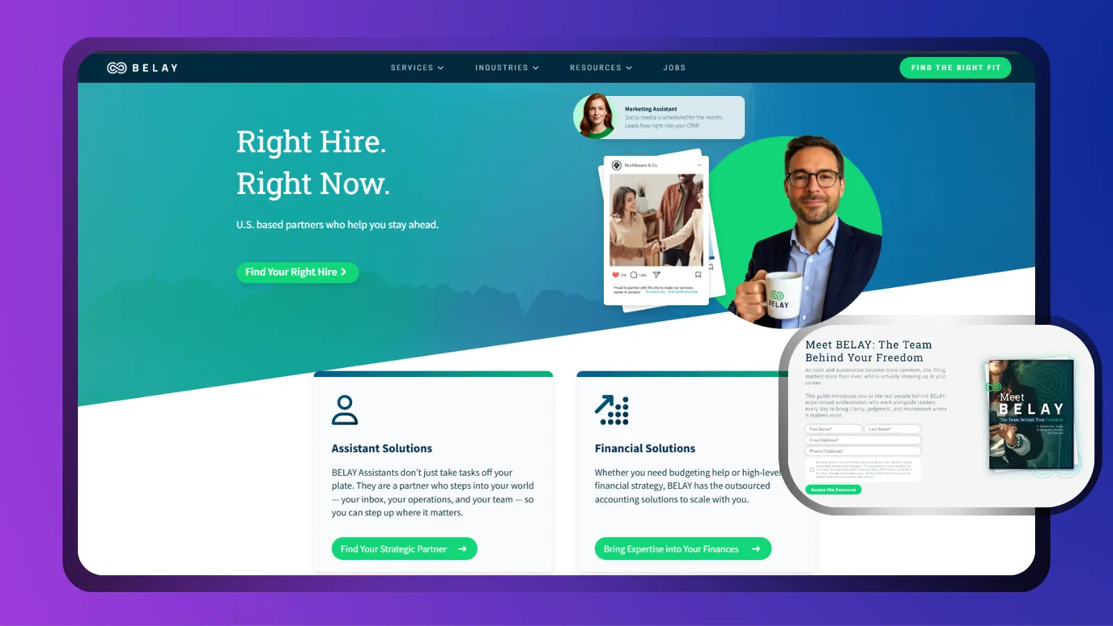 Belay platform showing virtual assistant and financial solutions for remote work