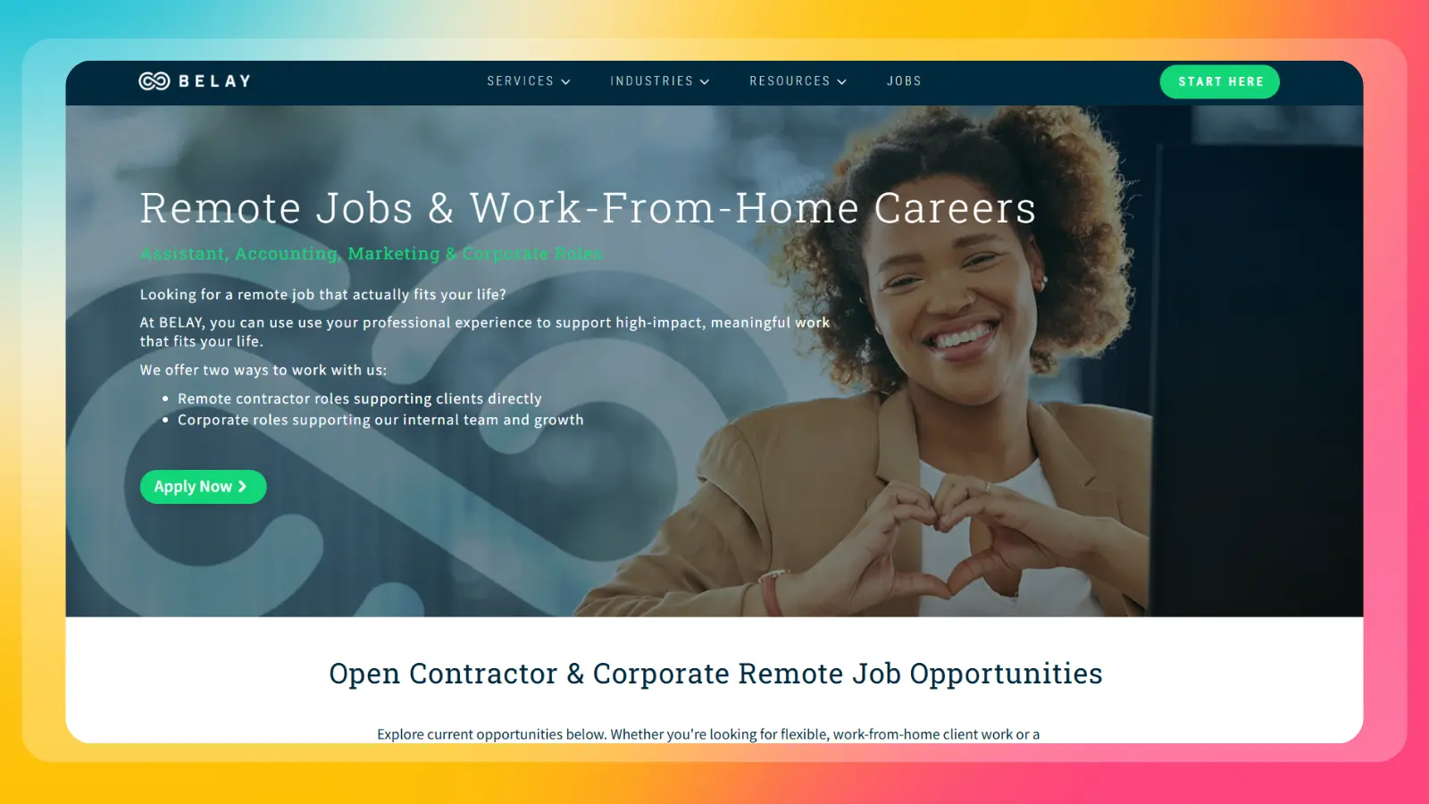 belay website showing remote jobs and work from home career opportunities