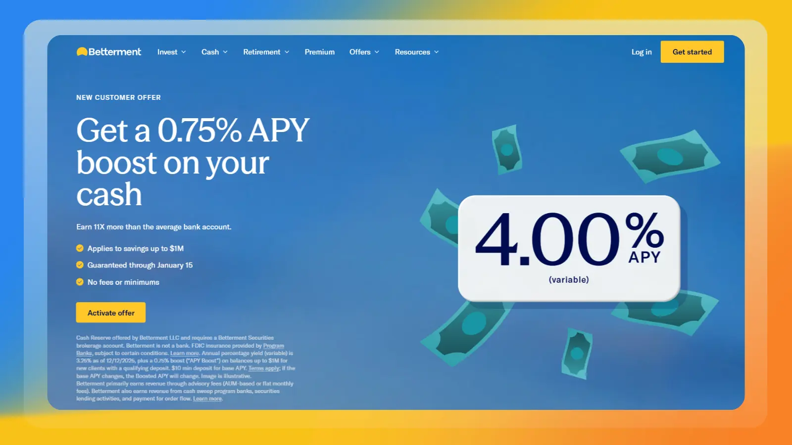 Página web de Betterment en la que se muestra una cuenta de ahorro en efectivo con una oferta de tasa de rendimiento anual (APY)