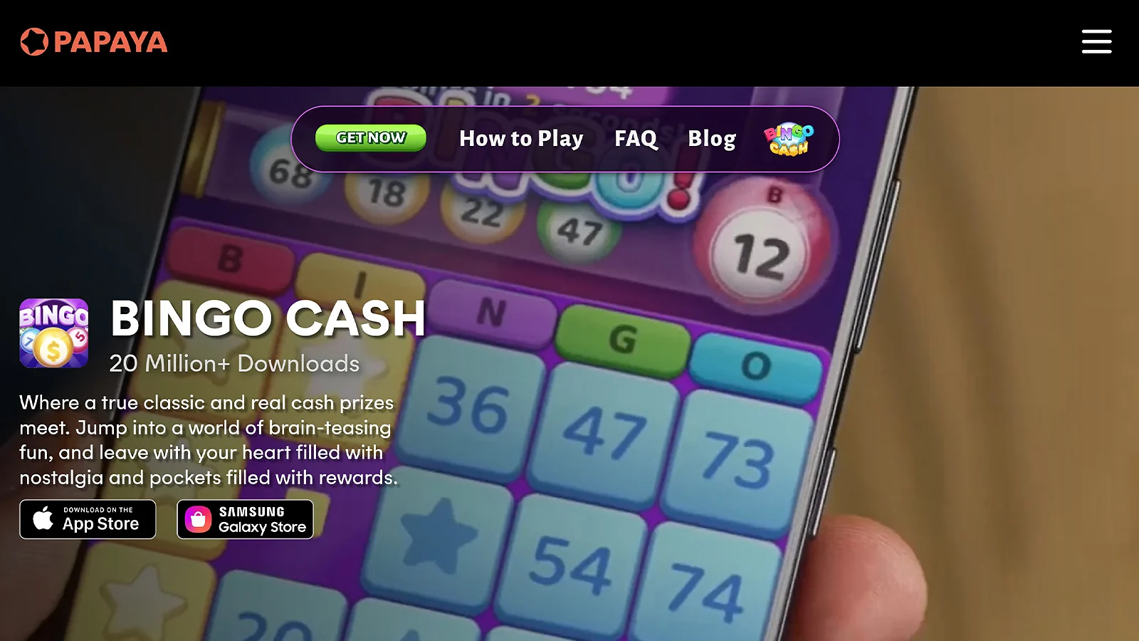 Papaya website landing page for Bingo Cash