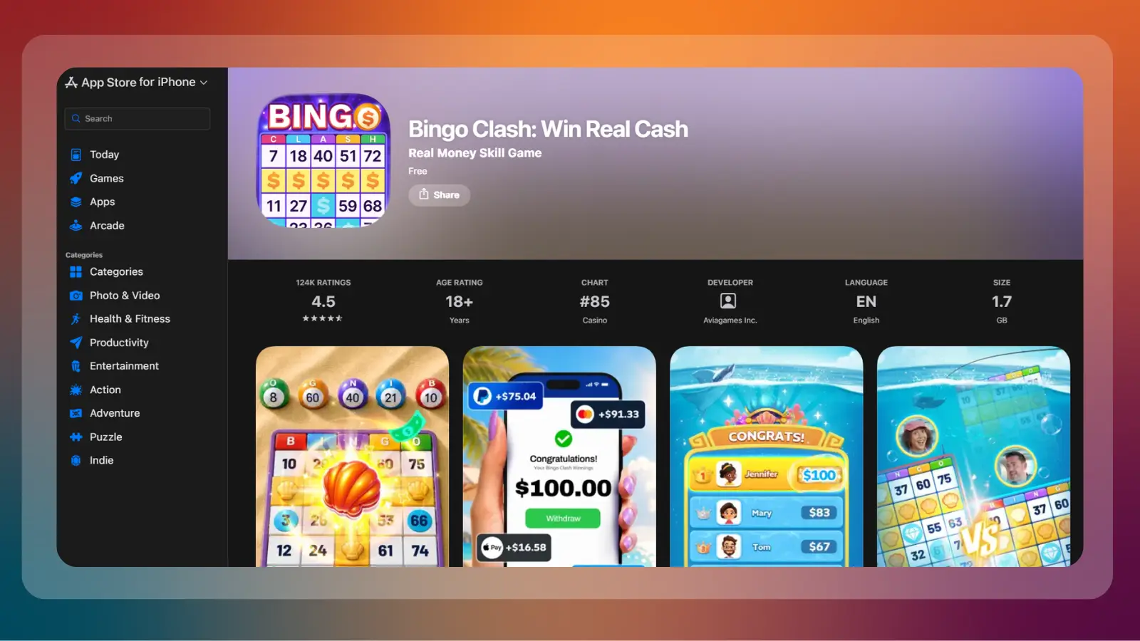 bingo clash website showing a bingo game with real cash prizes and cash withdrawal options on the app store