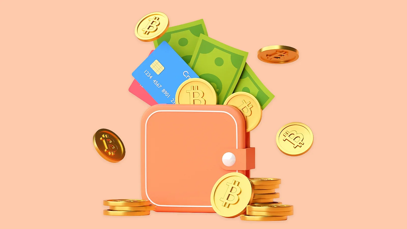 Ilustración en 3D de un monedero digital repleto de bitcoins dorados, billetes y tarjetas de crédito