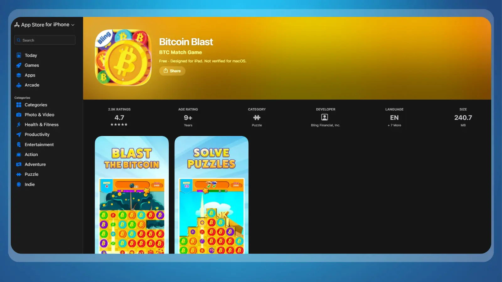 Página de Bitcoin Blast en la App Store de Apple