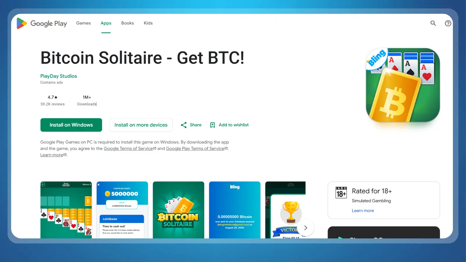 Página web de Google Play del juego «Bitcoin Solitaire»