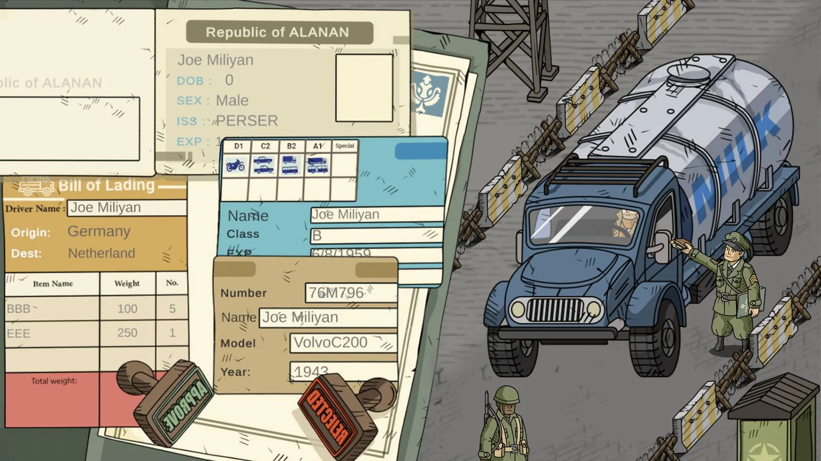 Black Border 2 - O melhor para inspeções manuais na fronteira - Um guarda de fronteira inspeciona os documentos de um condutor chamado Joe Miliyan num posto de controlo militar