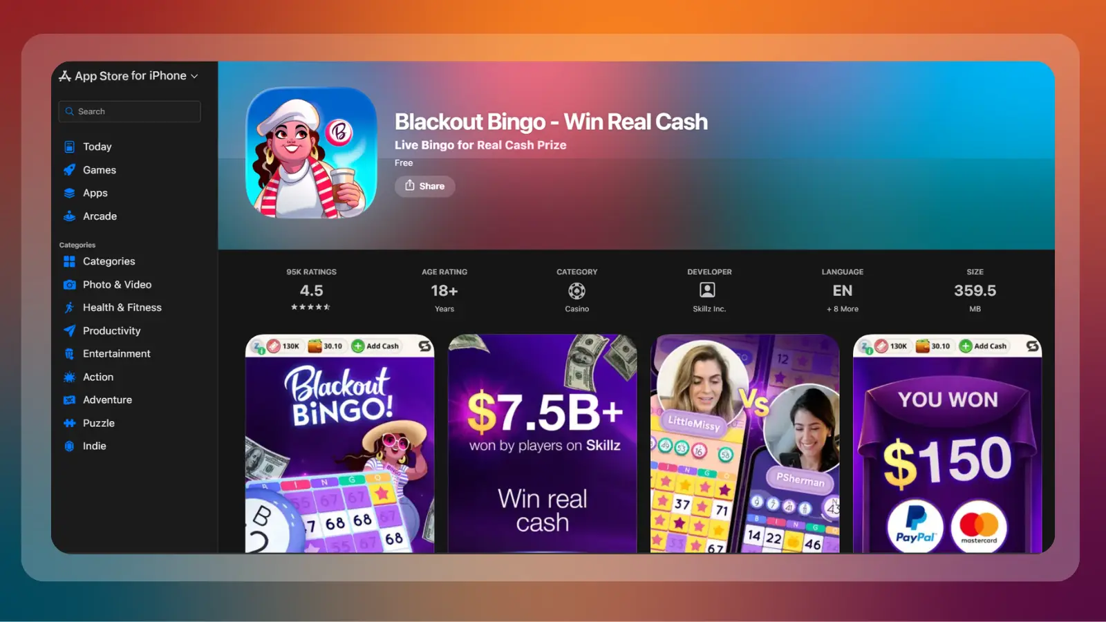 blackout bingo website showing a live bingo game with real cash prizes on the app store